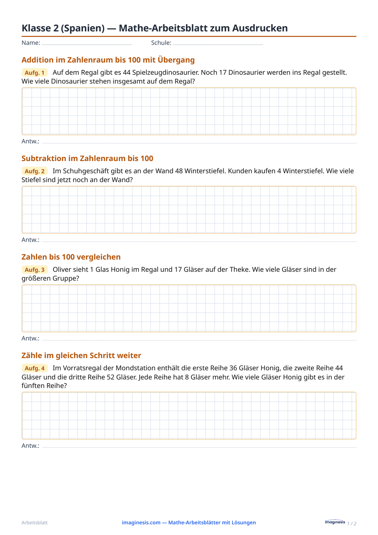 Klasse 2 (Spanien) — Mathe-Arbeitsblatt zum Ausdrucken — Schülerblatt: Mathe-Arbeitsblatt zum Ausdrucken (Klasse 2, Spanien)