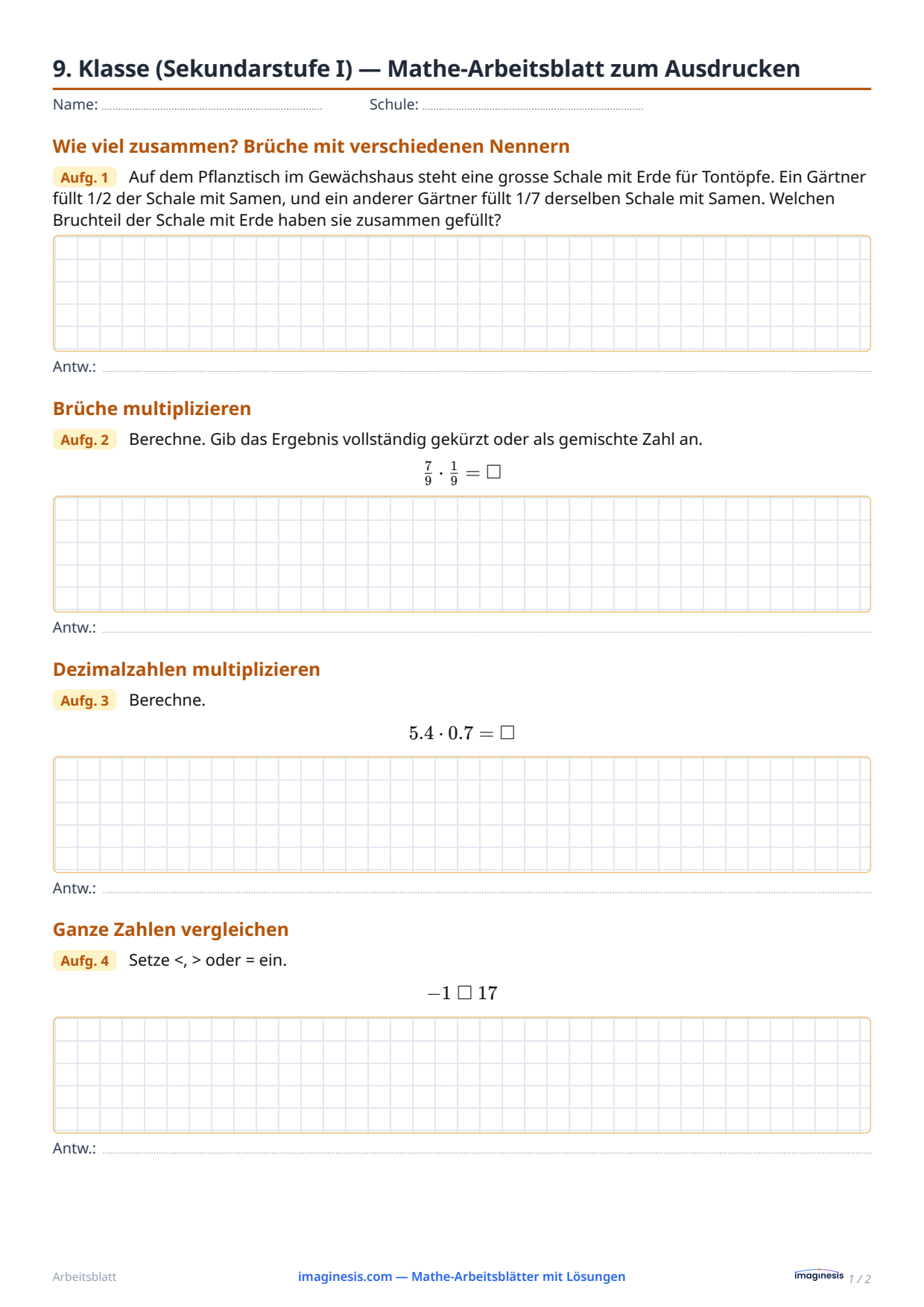 9. Klasse (Sekundarstufe I) — Mathe-Arbeitsblatt zum Ausdrucken — Schülerblatt: Mathe-Arbeitsblatt zum Ausdrucken (9. Klasse (Sekundarstufe I), Schweiz)