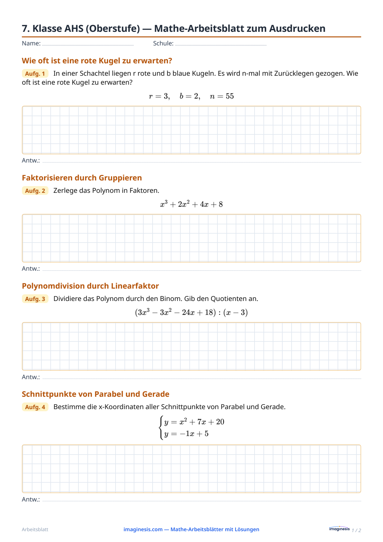 7. Klasse AHS (Oberstufe) — Mathe-Arbeitsblatt zum Ausdrucken — Schülerblatt: Mathe-Arbeitsblatt zum Ausdrucken (7. Klasse AHS (Oberstufe), Österreich)