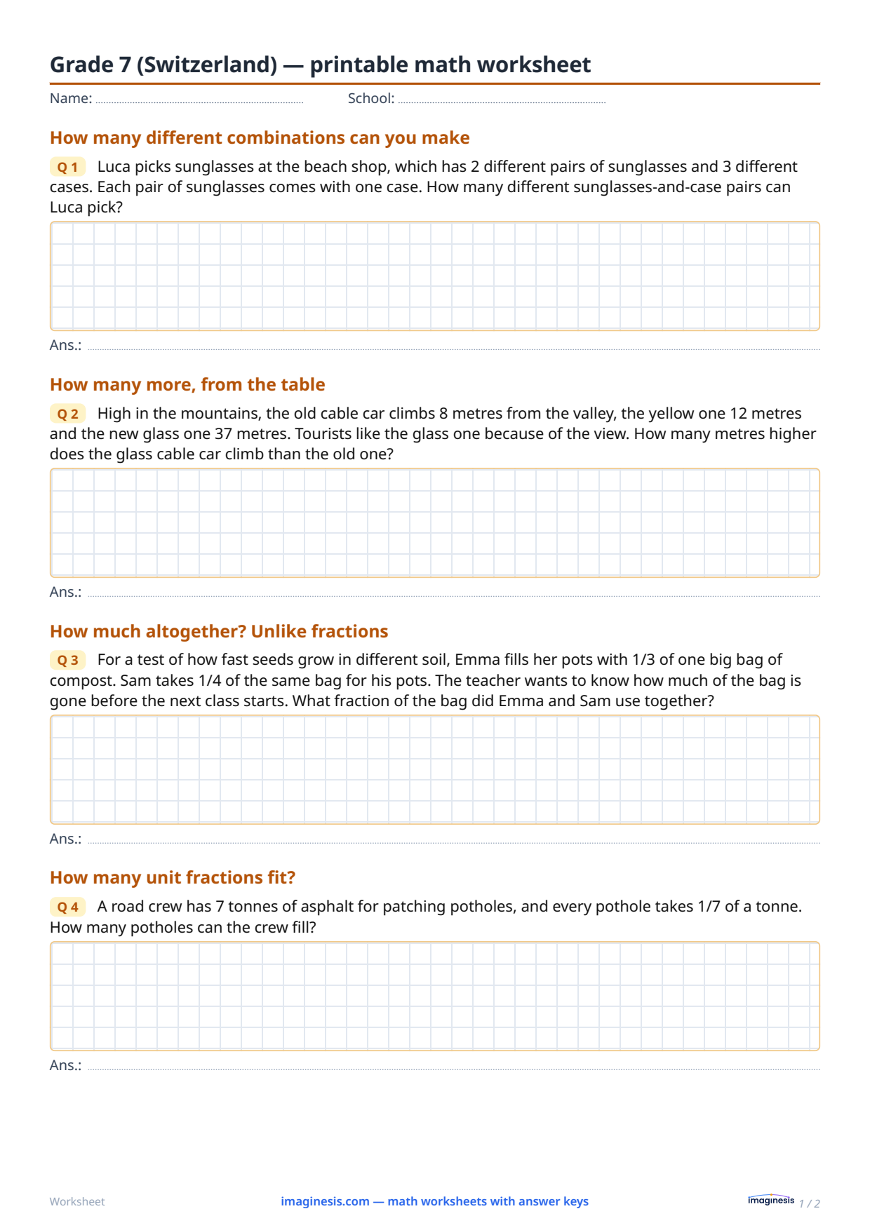 Grade 7 (Switzerland) — printable math worksheet — Student sheet: printable math worksheet (Grade 7, Switzerland)