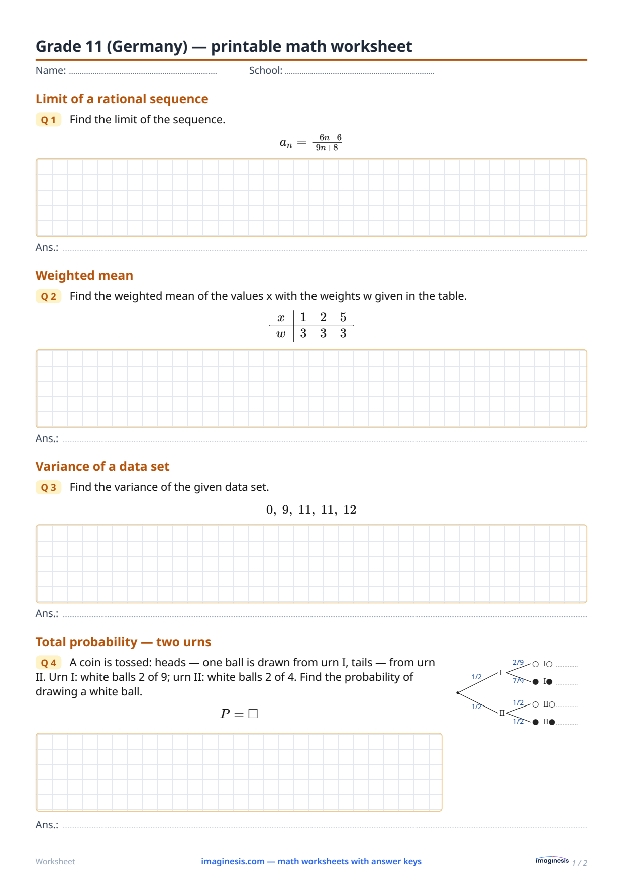 Grade 11 (Germany) — printable math worksheet — Student sheet: printable math worksheet (Grade 11, Germany)