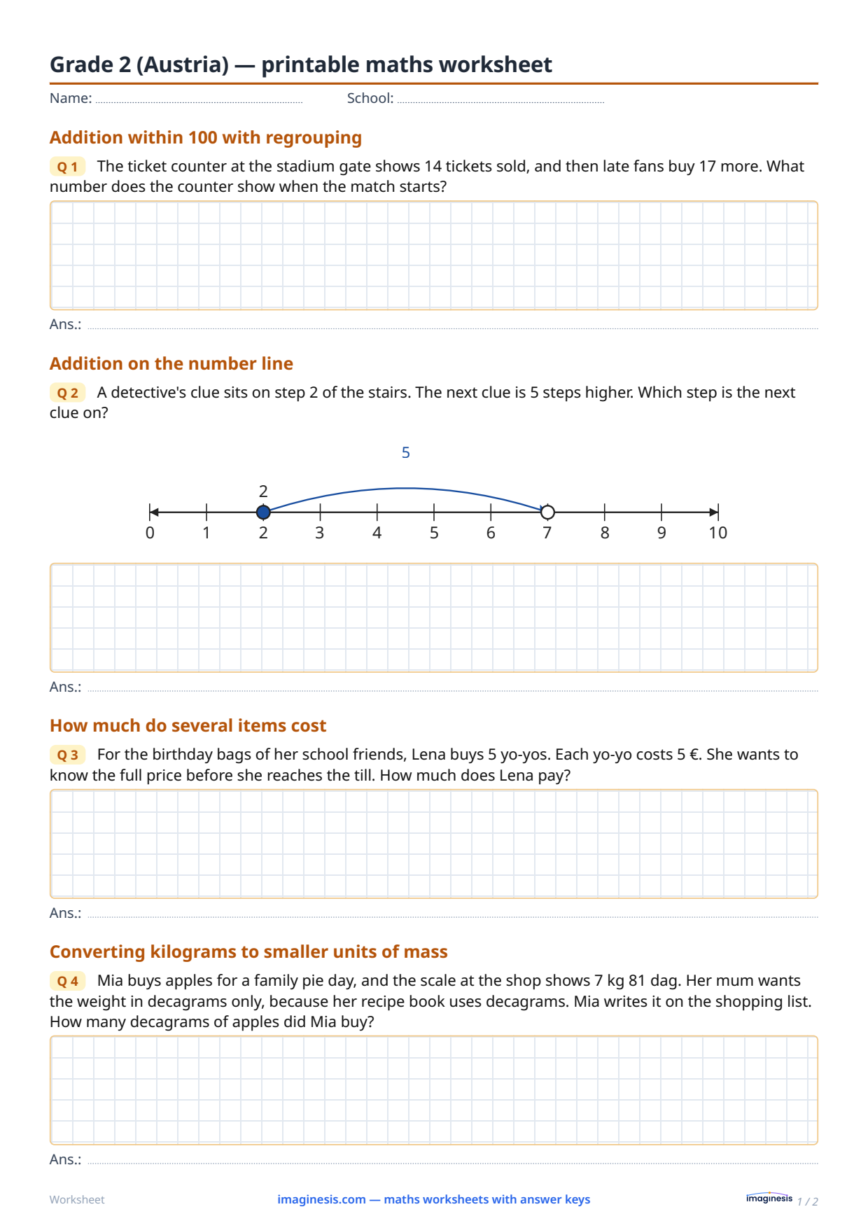 Grade 2 (Austria) — printable math worksheet — Student sheet: printable math worksheet (Grade 2, Austria)