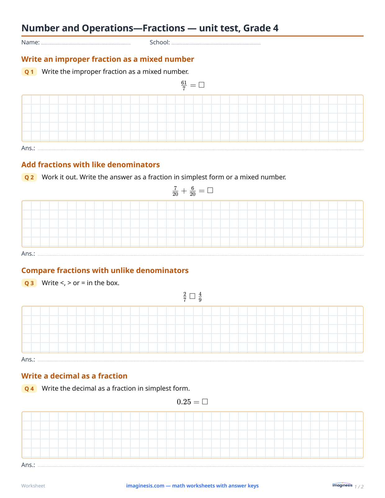 Number and Operations—Fractions — unit test, Grade 4 — Student sheet: printable math worksheet (Grade 4, United States)