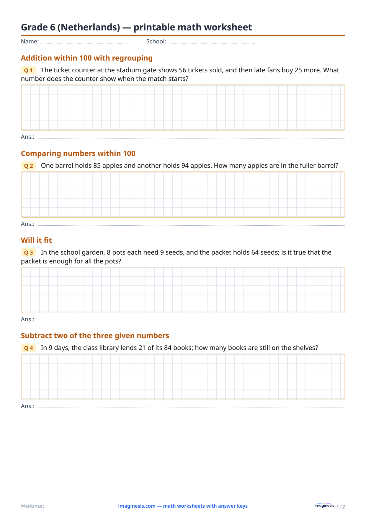 Grade 6 (Netherlands) — printable math worksheet — Student sheet: printable math worksheet (Grade 6, Netherlands)