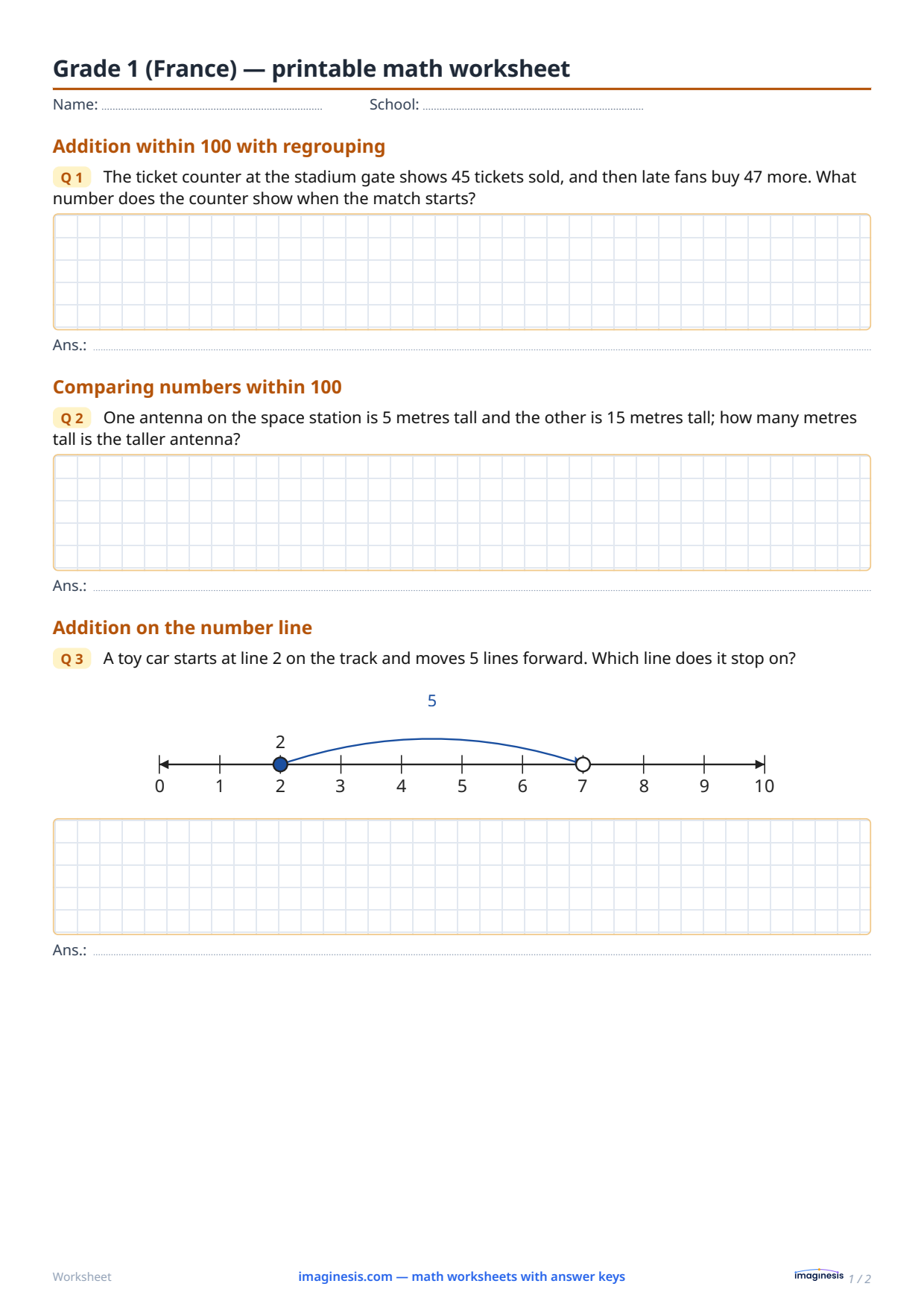 Grade 1 (France) — printable math worksheet — Student sheet: printable math worksheet (Grade 1, France)