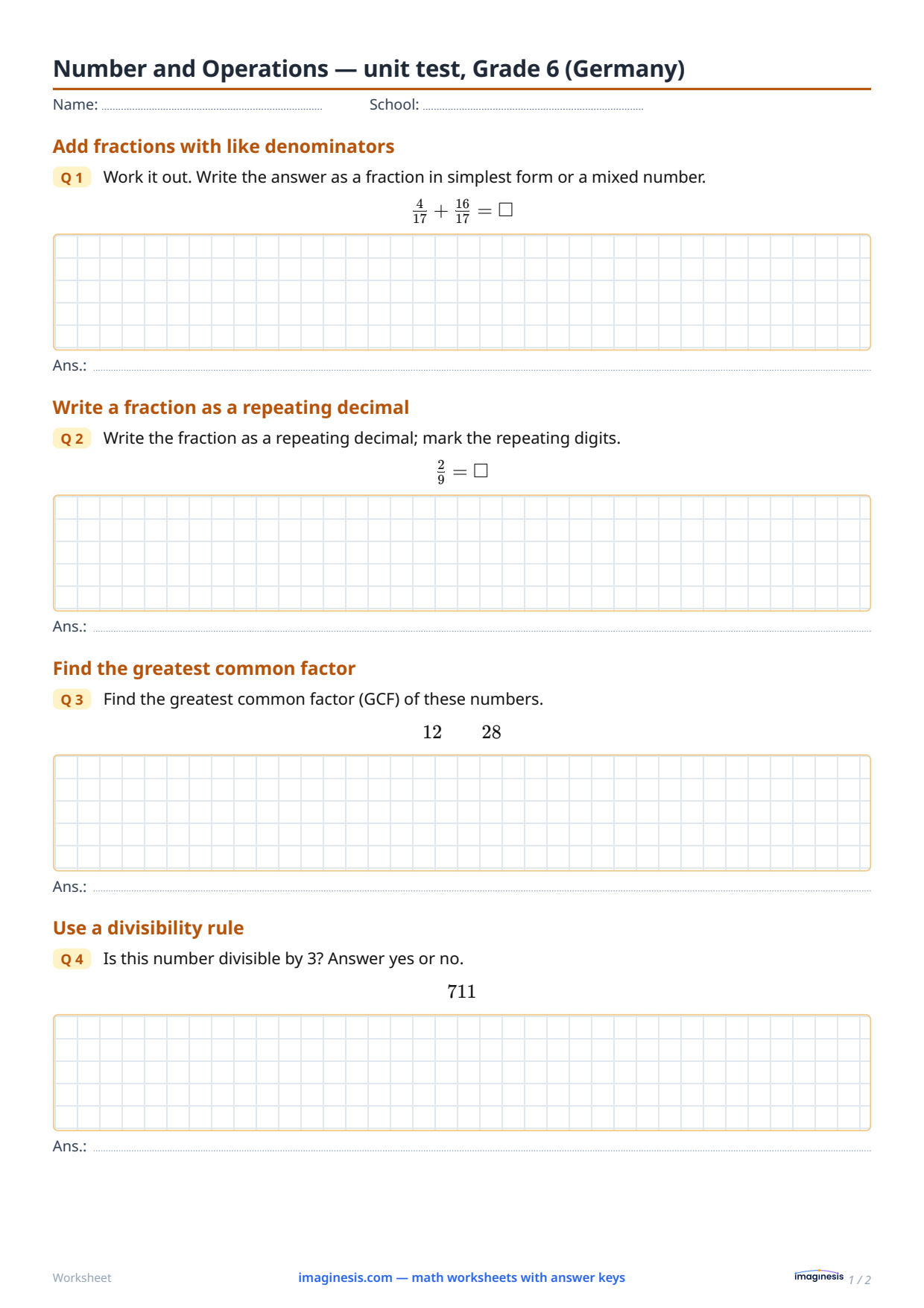 Number and Operations — unit test, Grade 6 (Germany) — Student sheet: printable math worksheet (Grade 6, Germany)