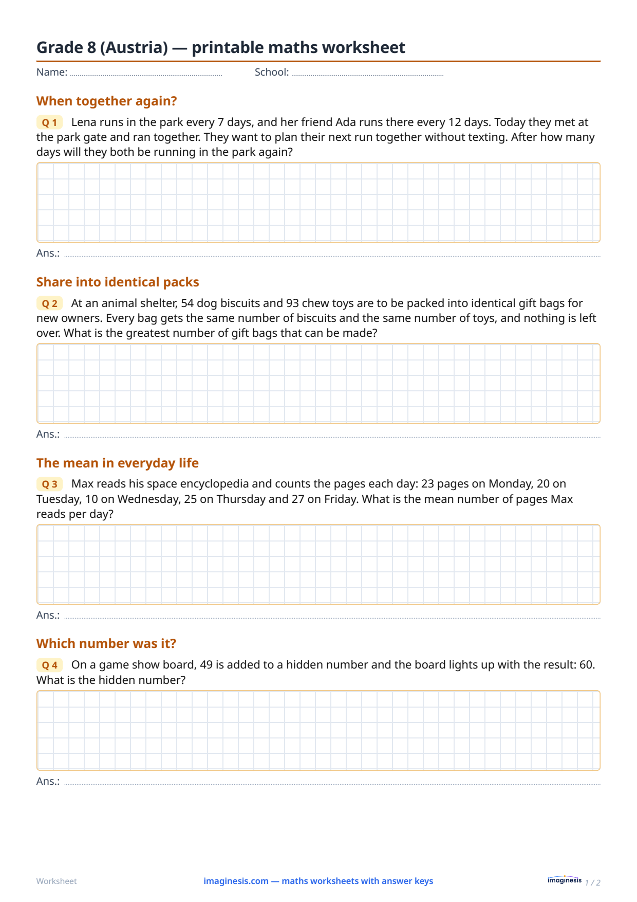 Grade 8 (Austria) — printable math worksheet — Student sheet: printable math worksheet (Grade 8, Austria)