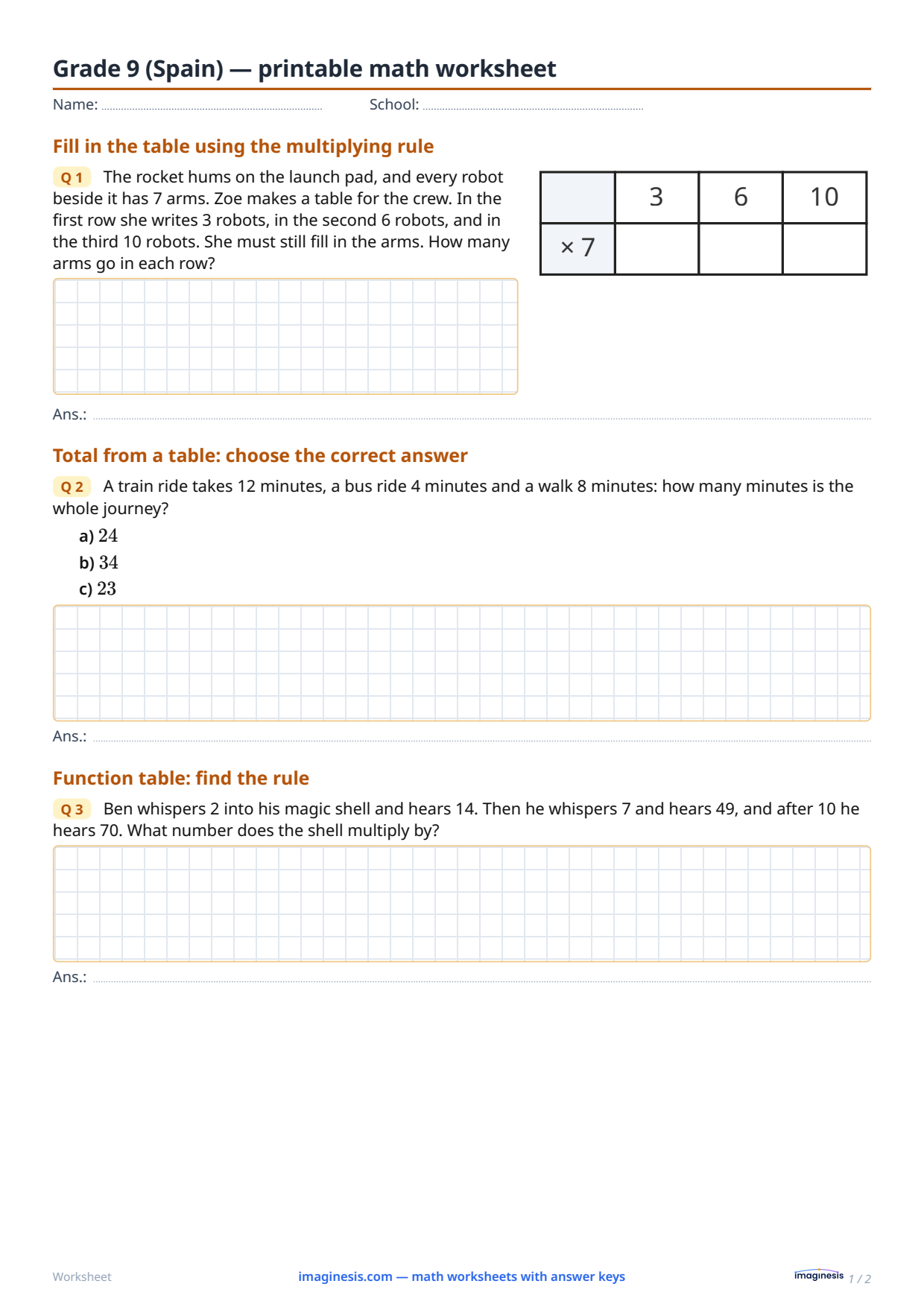 Grade 9 (Spain) — printable math worksheet — Student sheet: printable math worksheet (Grade 9, Spain)