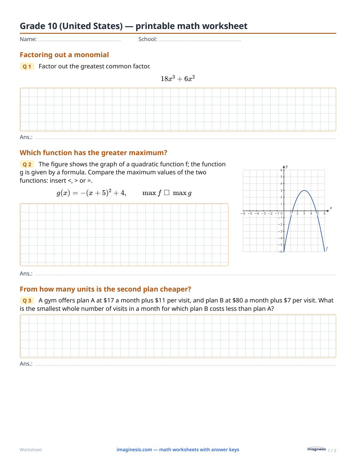Grade 10 (United States) — printable math worksheet — Student sheet: printable math worksheet (Grade 10, United States)
