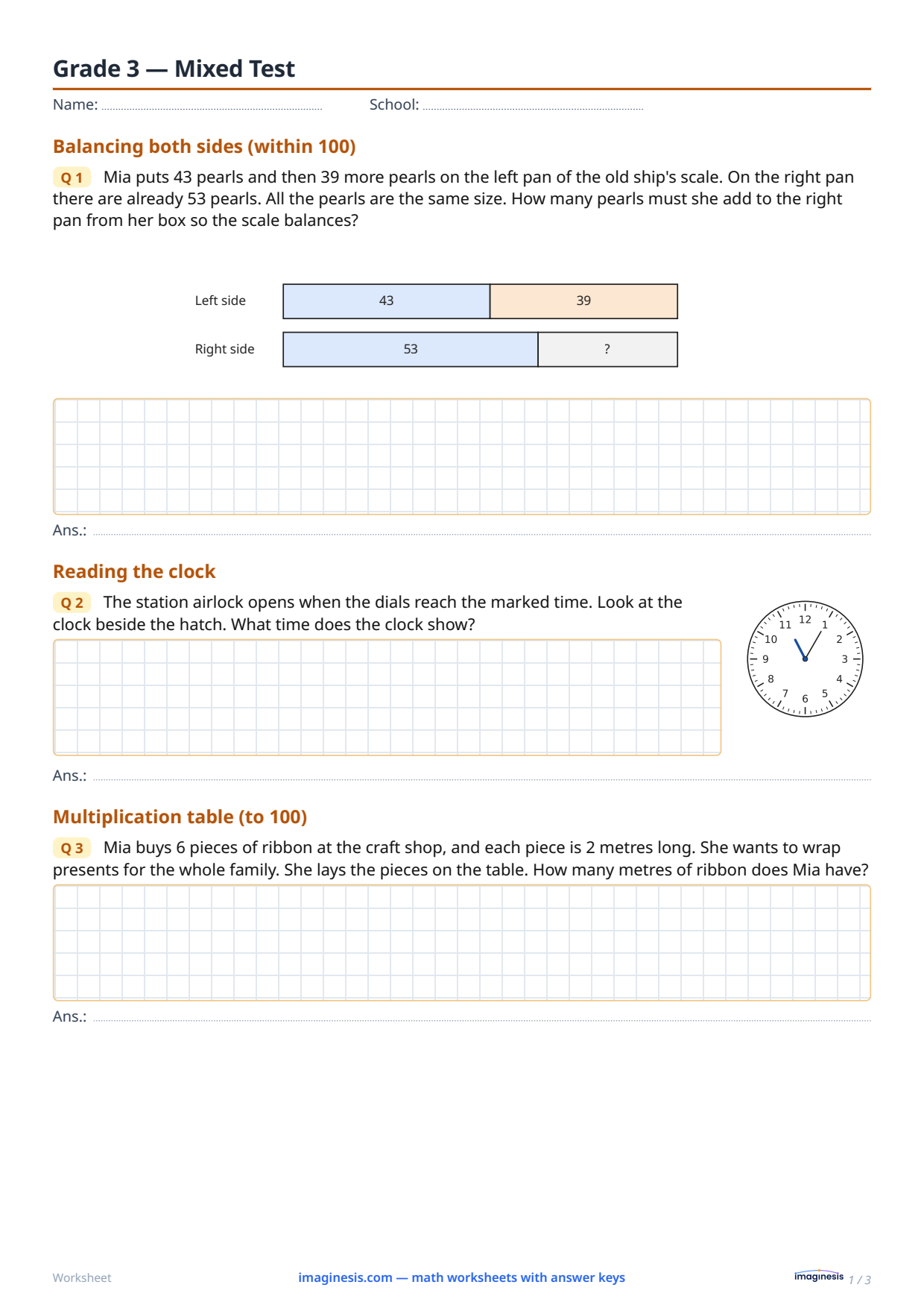 Grade 3 — Mixed Test — Student sheet: printable math worksheet (Grade 3, Germany)