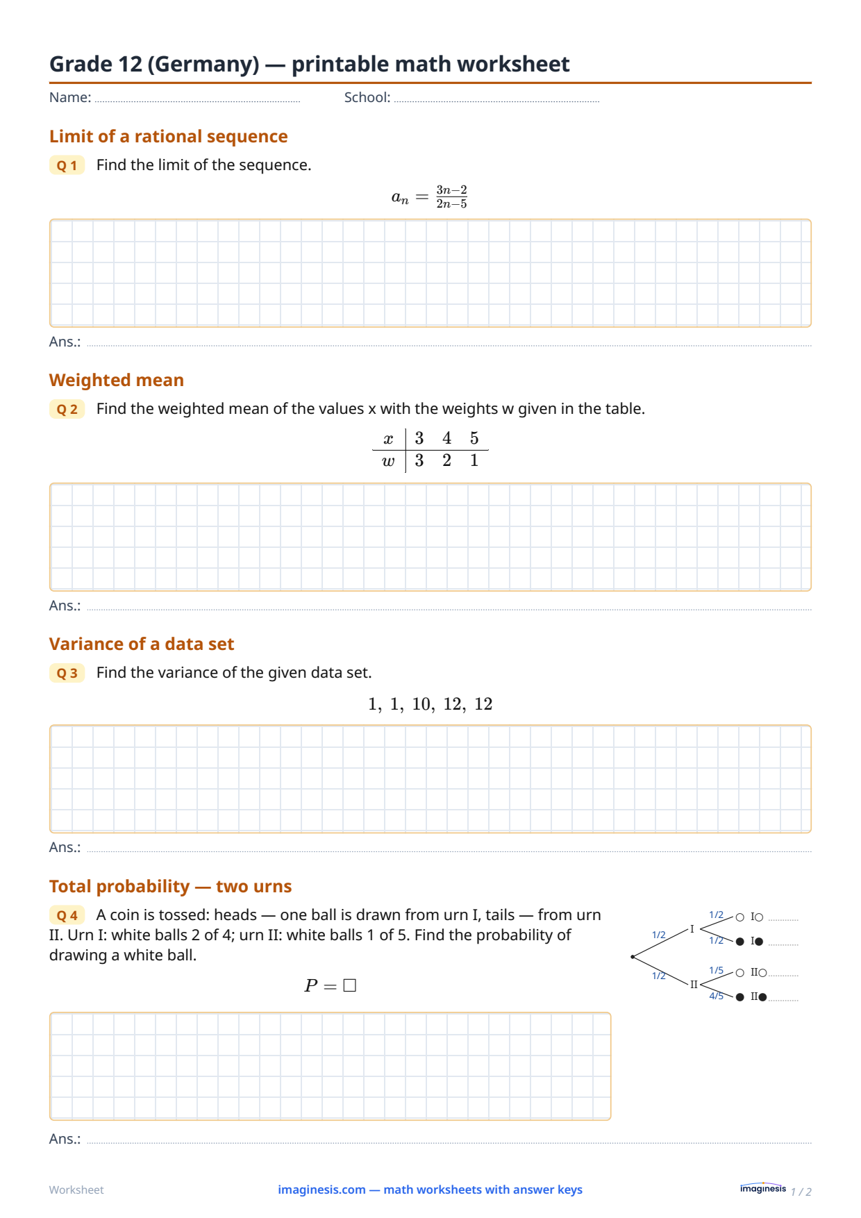 Grade 12 (Germany) — printable math worksheet — Student sheet: printable math worksheet (Grade 12, Germany)
