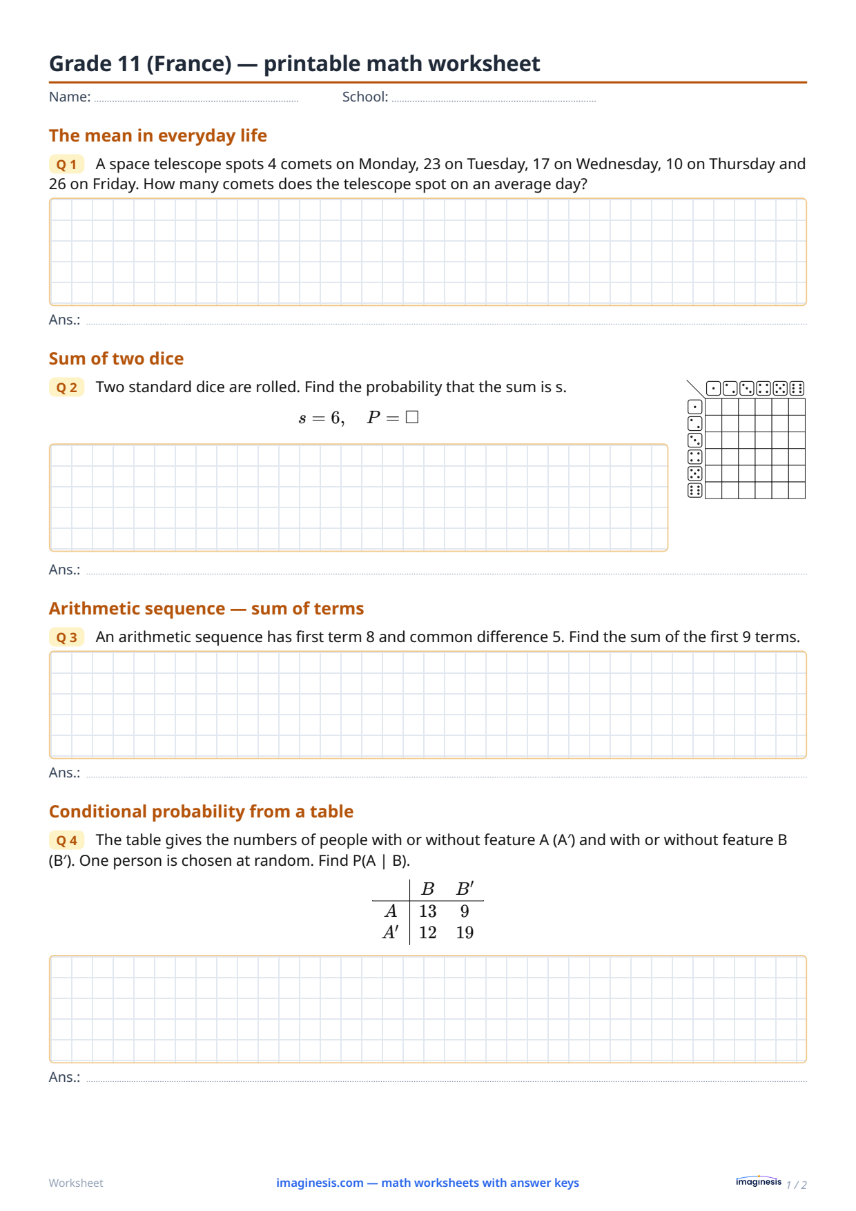 Grade 11 (France) — printable math worksheet — Student sheet: printable math worksheet (Grade 11, France)