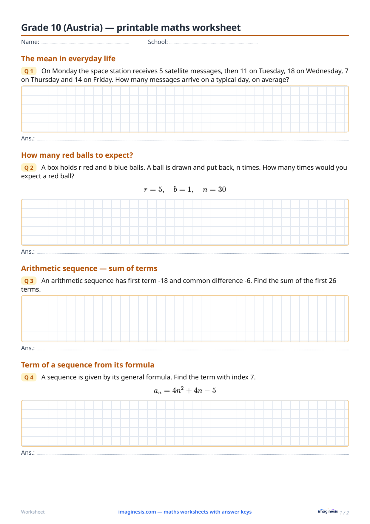 Grade 10 (Austria) — printable math worksheet — Student sheet: printable math worksheet (Grade 10, Austria)