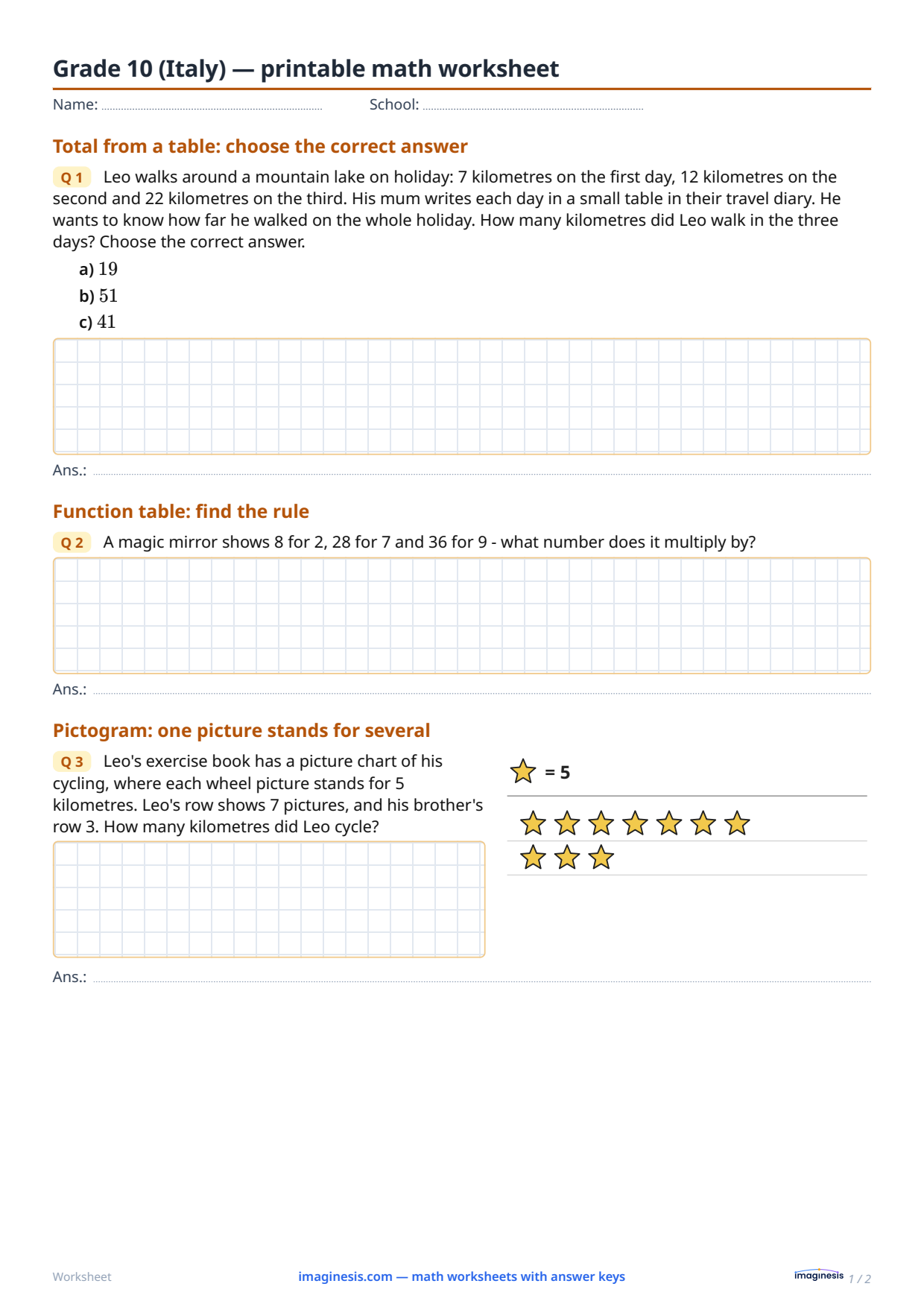 Grade 10 (Italy) — printable math worksheet — Student sheet: printable math worksheet (Grade 10, Italy)