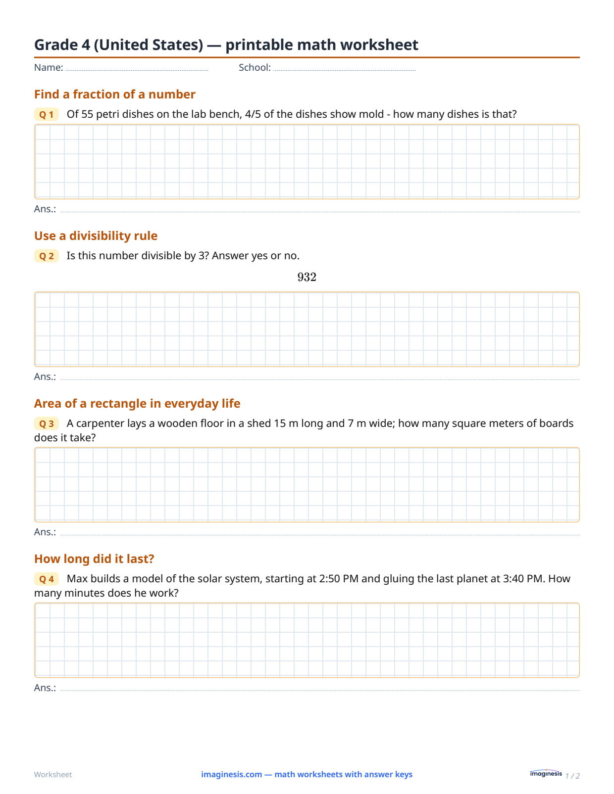 Grade 4 (United States) — printable math worksheet — Student sheet: printable math worksheet (Grade 4, United States)