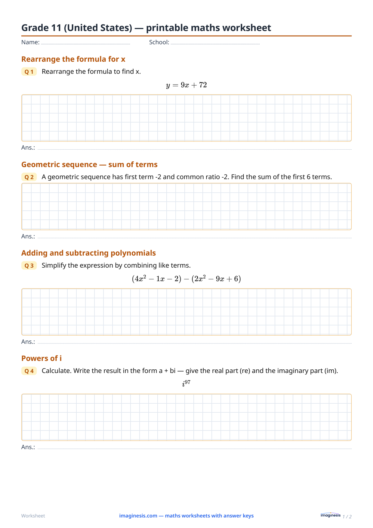 Grade 11 (United States) — printable math worksheet — Student sheet: printable math worksheet (Grade 11, United States)