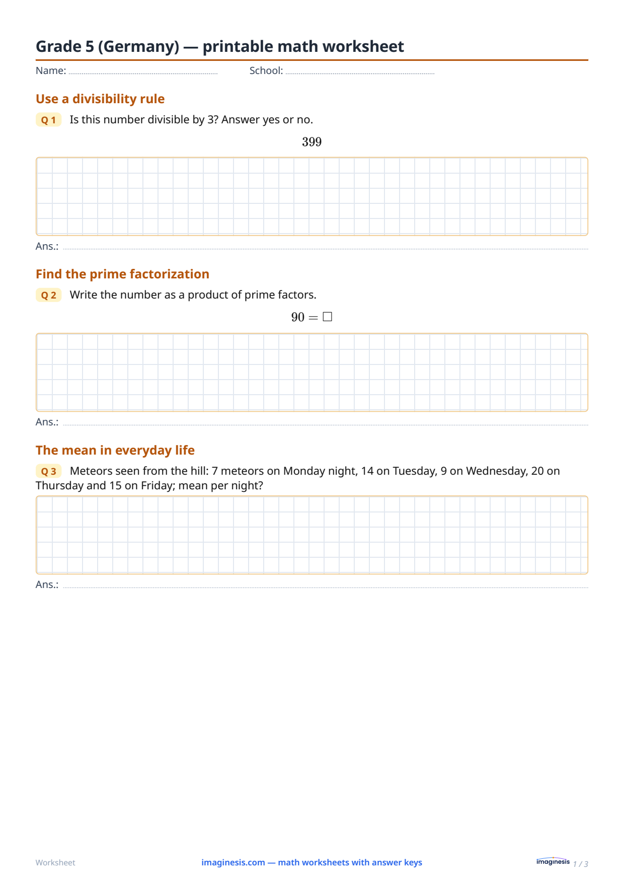 Grade 5 (Germany) — printable math worksheet — Student sheet: printable math worksheet (Grade 5, Germany)