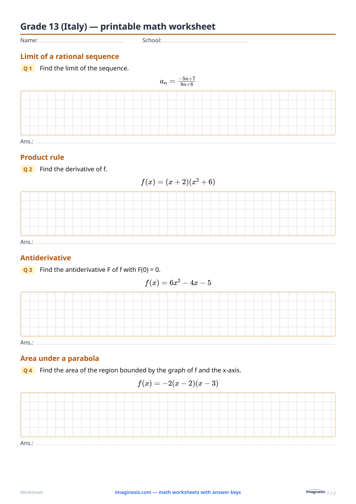 Grade 13 (Italy) — printable math worksheet — Student sheet: printable math worksheet (Grade 13, Italy)