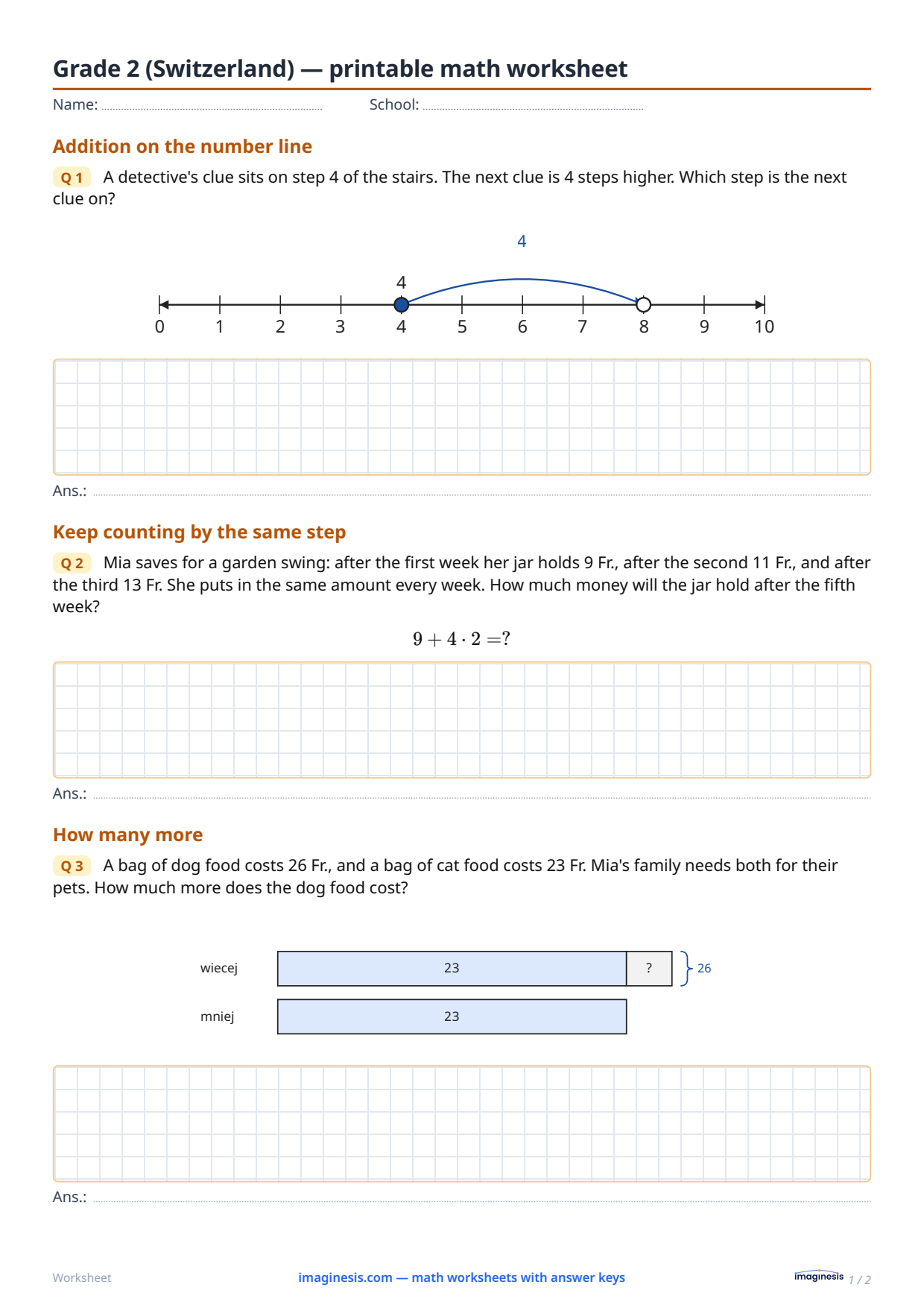 Grade 2 (Switzerland) — printable math worksheet — Student sheet: printable math worksheet (Grade 2, Switzerland)