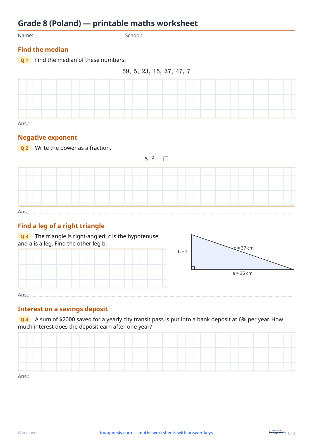Grade 8 (Poland) — printable math worksheet — Student sheet: printable math worksheet (Grade 8, Poland)