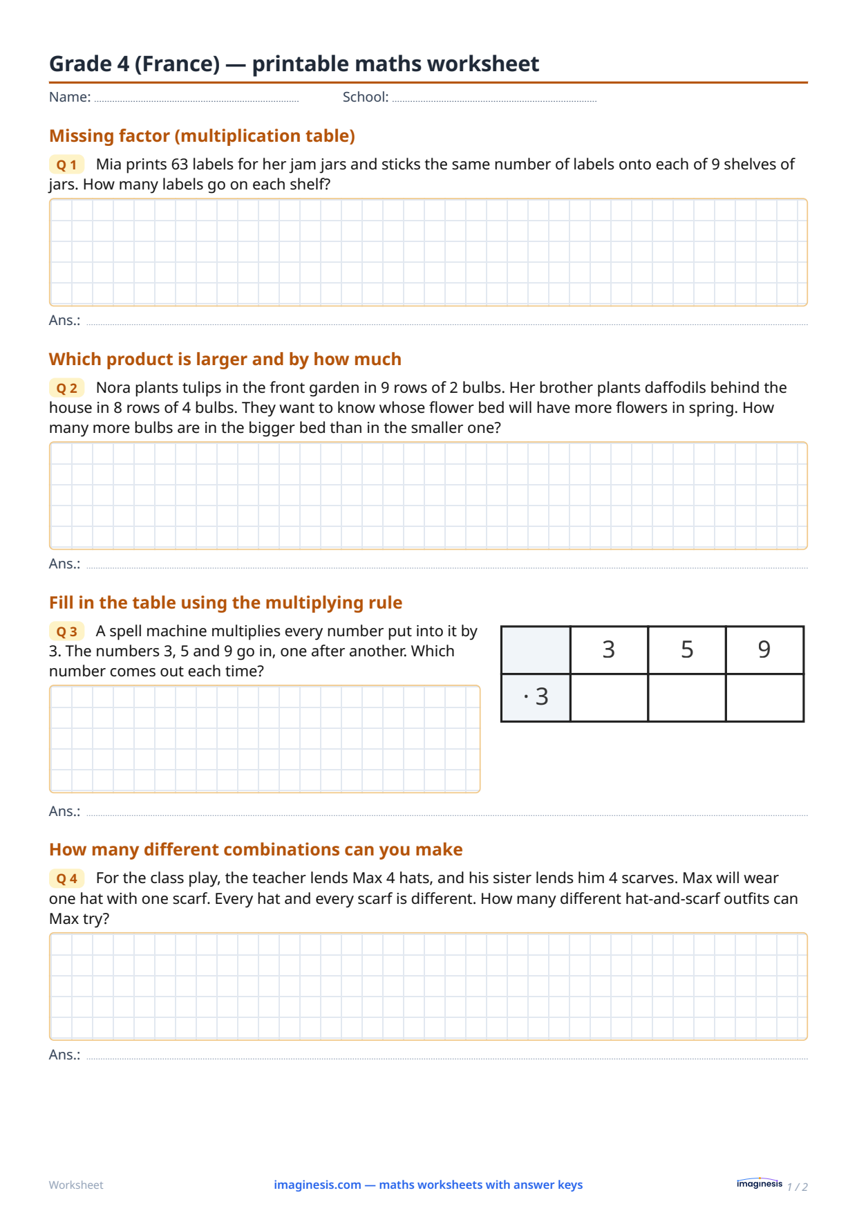 Grade 4 (France) — printable math worksheet — Student sheet: printable math worksheet (Grade 4, France)