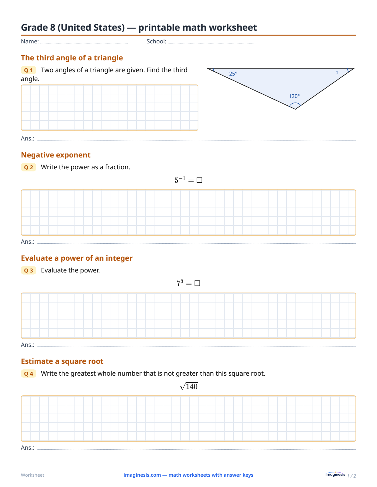 Grade 8 (United States) — printable math worksheet — Student sheet: printable math worksheet (Grade 8, United States)