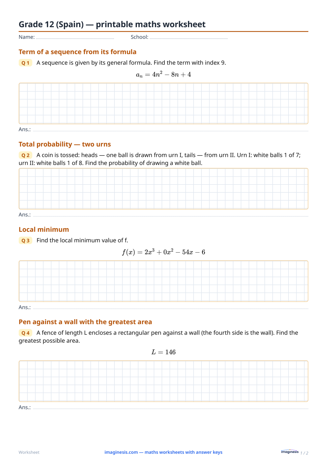 Grade 12 (Spain) — printable math worksheet — Student sheet: printable math worksheet (Grade 12, Spain)
