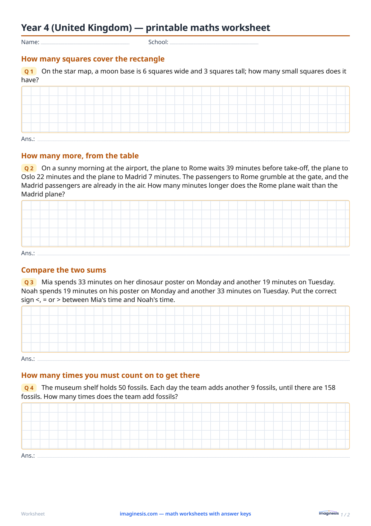 Year 4 (United Kingdom) — printable maths worksheet — Student sheet: printable math worksheet (Year 4, United Kingdom)