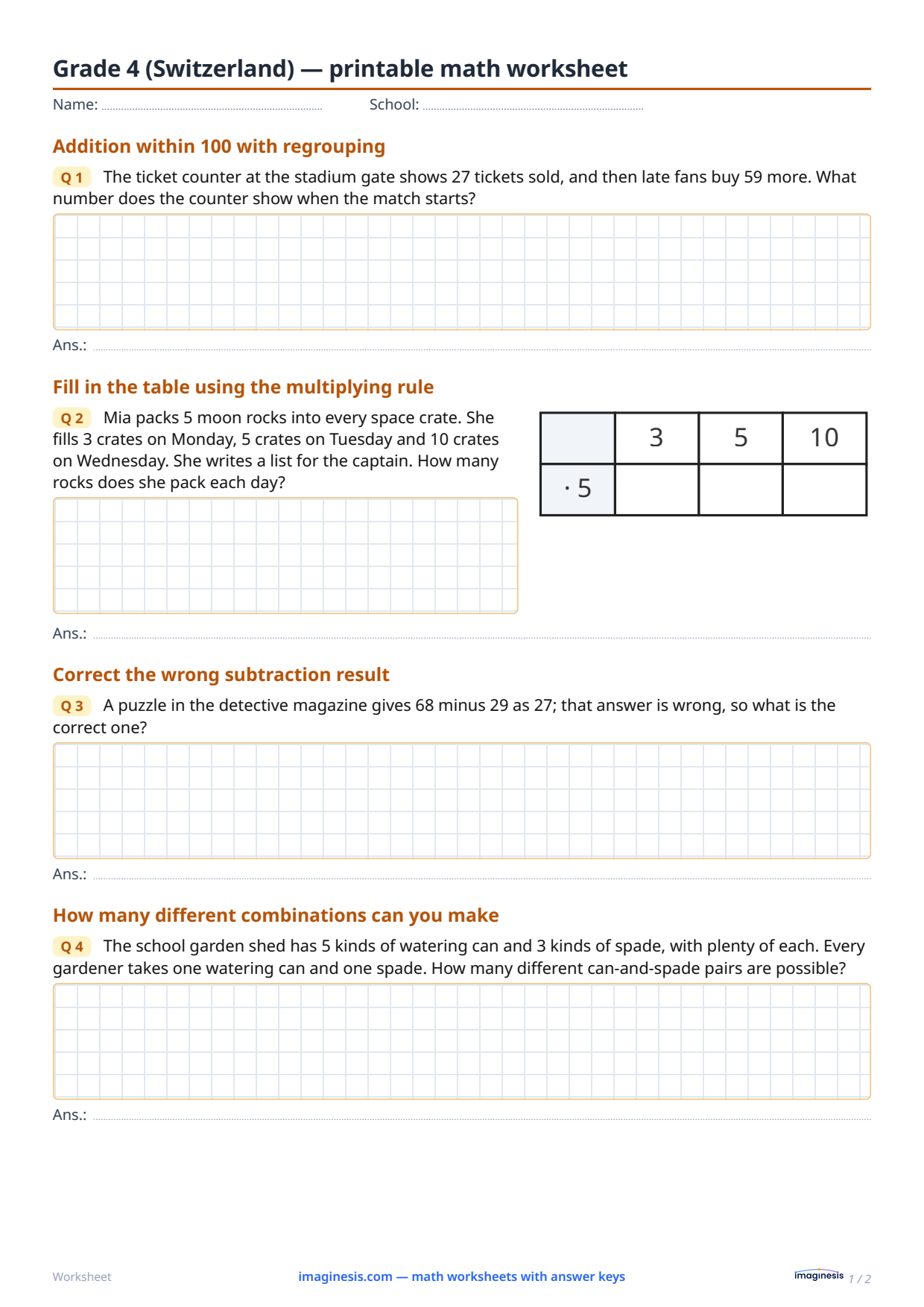 Grade 4 (Switzerland) — printable math worksheet — Student sheet: printable math worksheet (Grade 4, Switzerland)