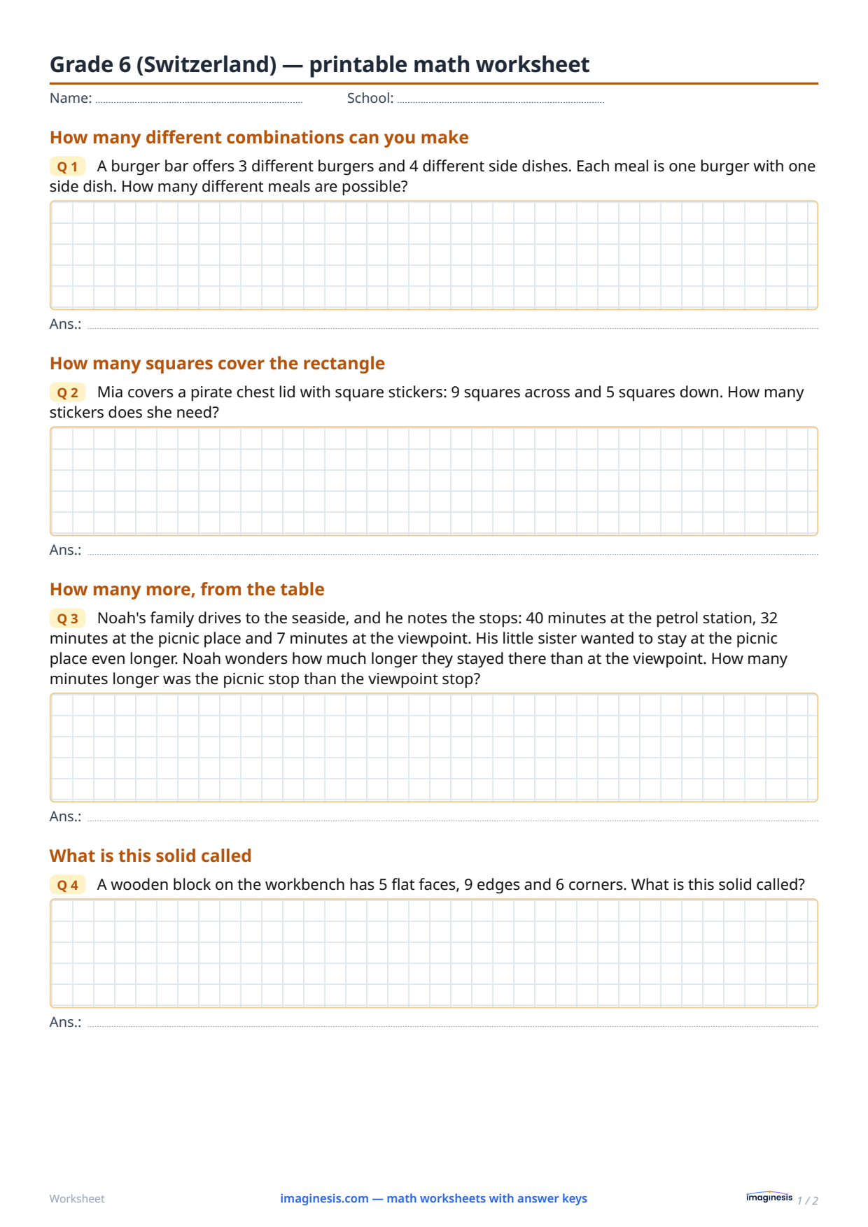 Grade 6 (Switzerland) — printable math worksheet — Student sheet: printable math worksheet (Grade 6, Switzerland)