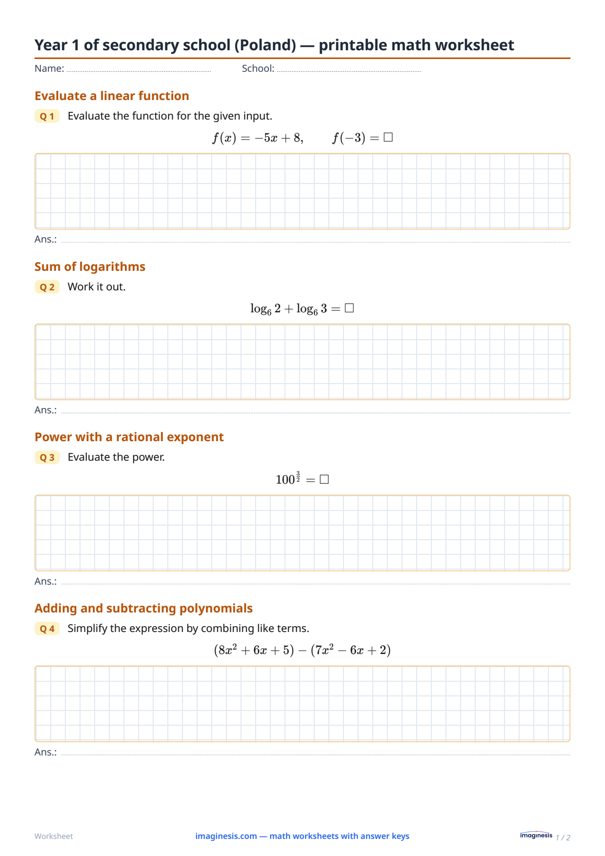 Year 1 of secondary school (Poland) — printable math worksheet — Student sheet: printable math worksheet (Year 1 of secondary school, Poland)