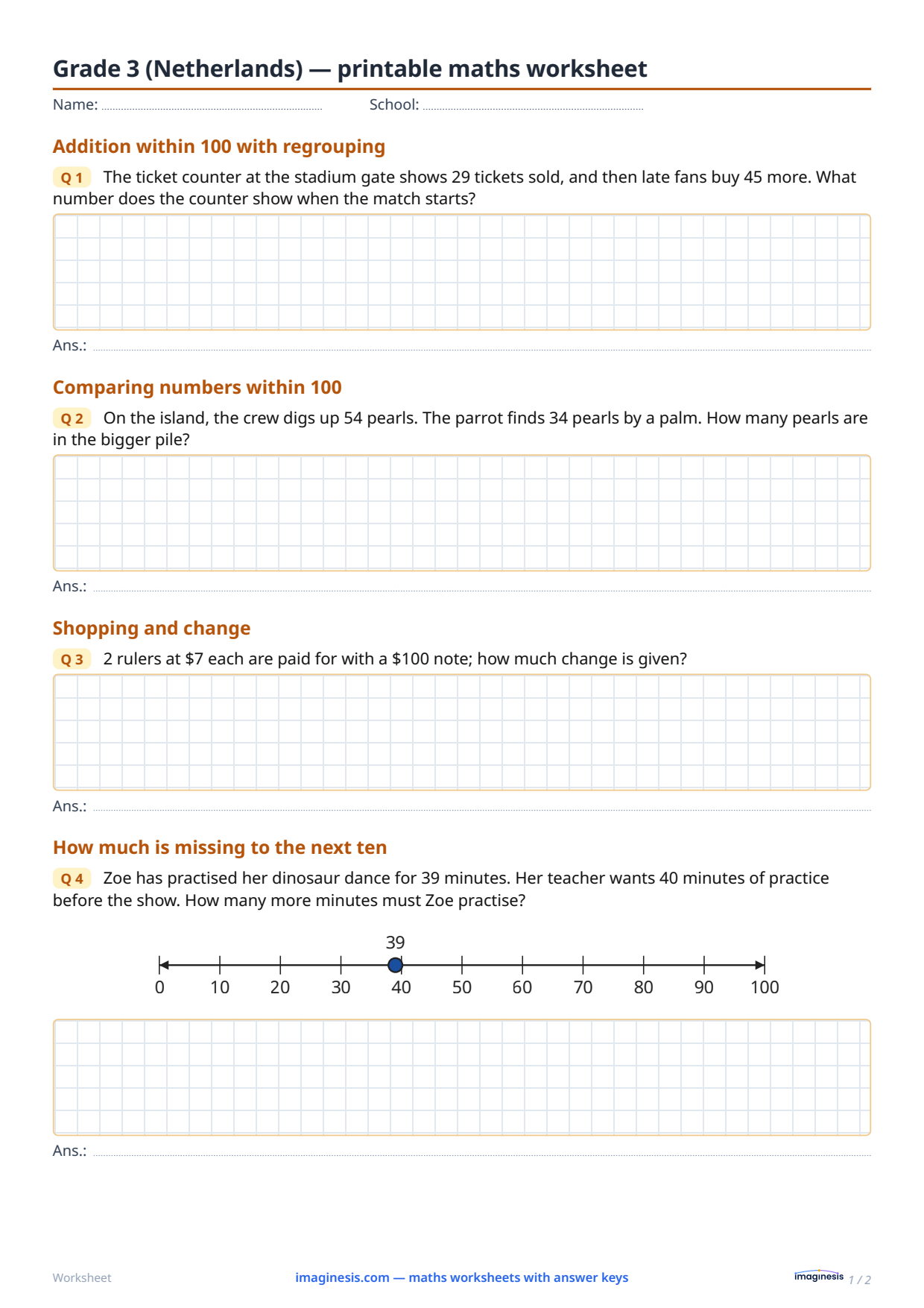 Grade 3 (Netherlands) — printable math worksheet — Student sheet: printable math worksheet (Grade 3, Netherlands)