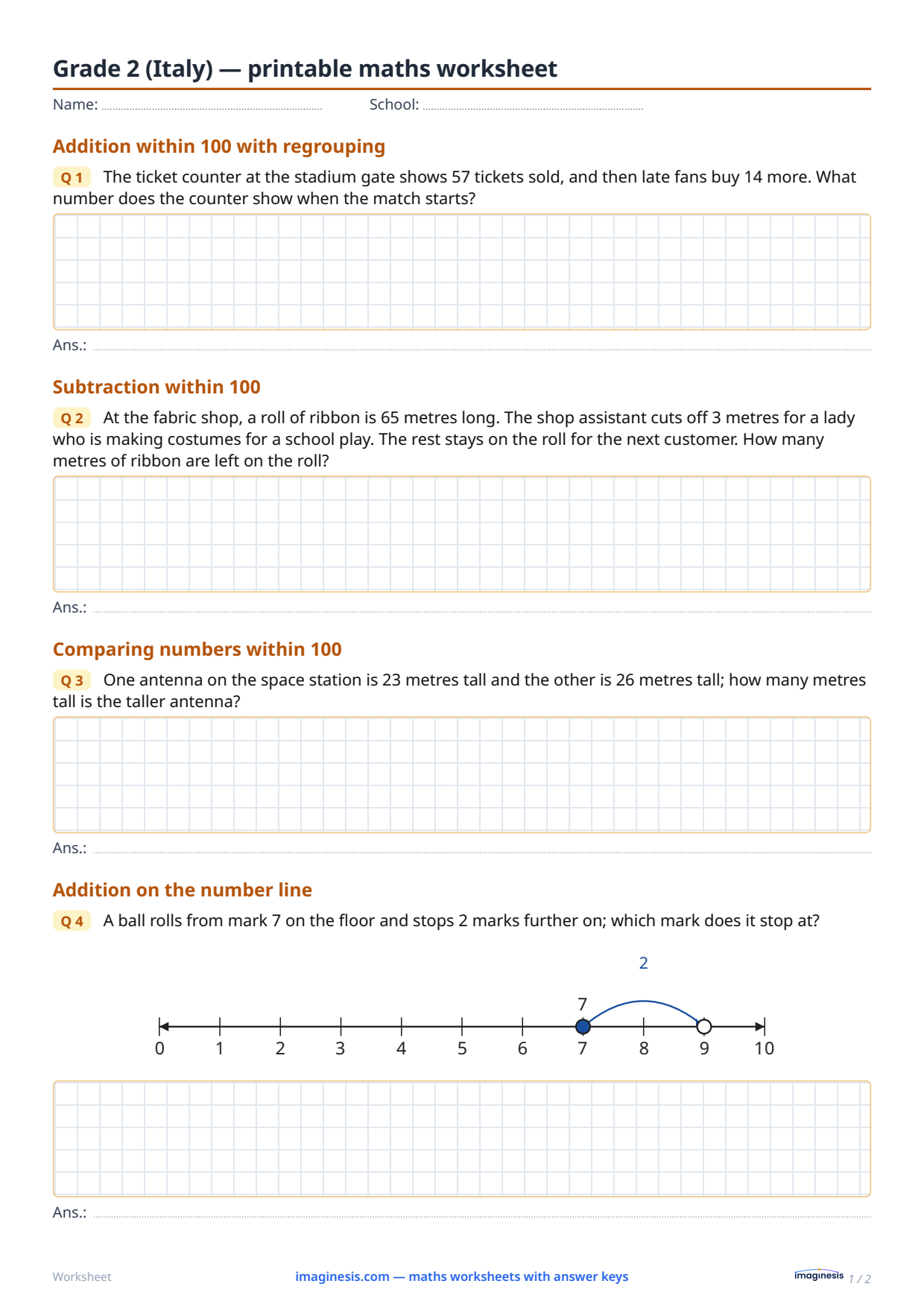 Grade 2 (Italy) — printable math worksheet — Student sheet: printable math worksheet (Grade 2, Italy)