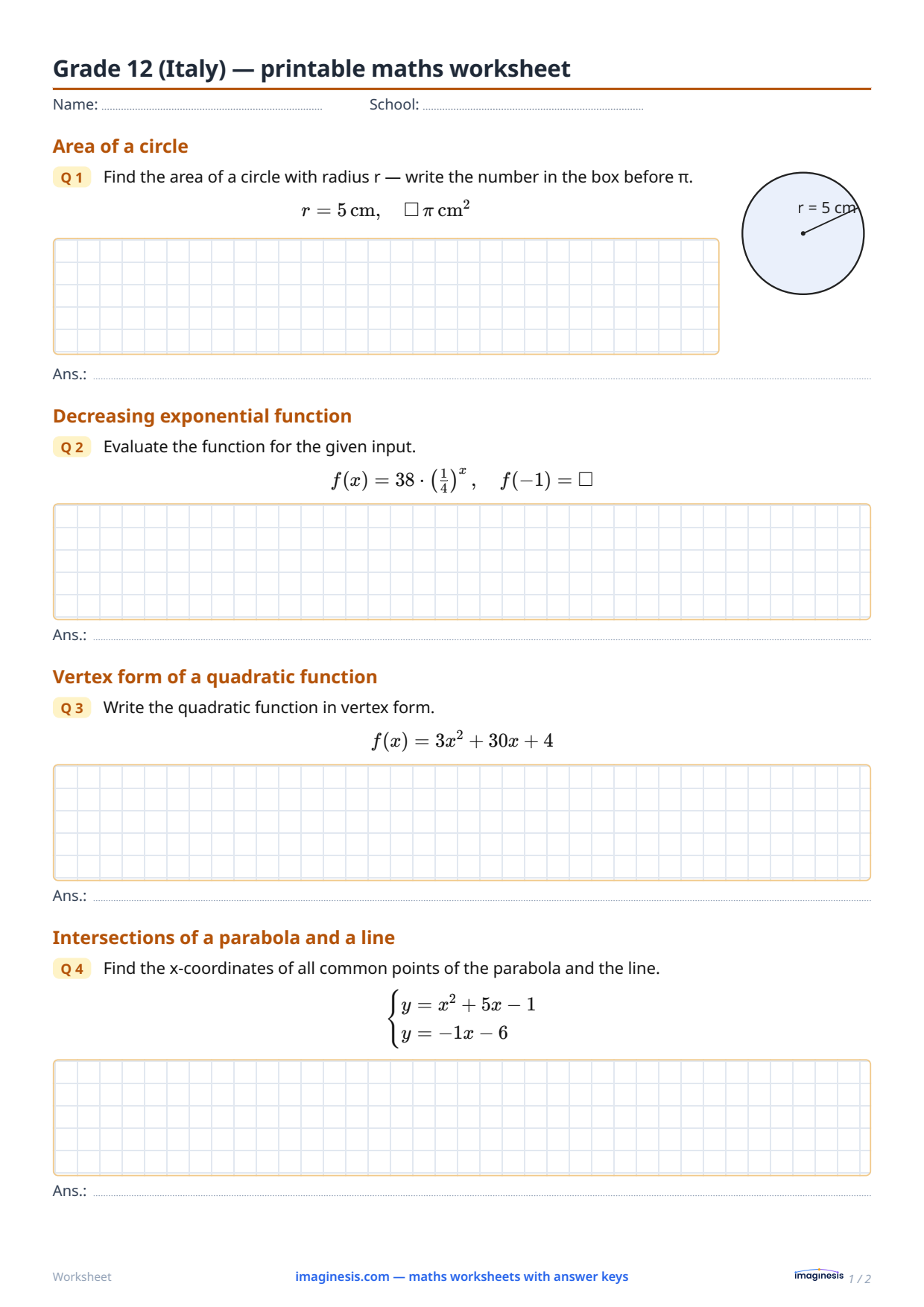 Grade 12 (Italy) — printable math worksheet — Student sheet: printable math worksheet (Grade 12, Italy)
