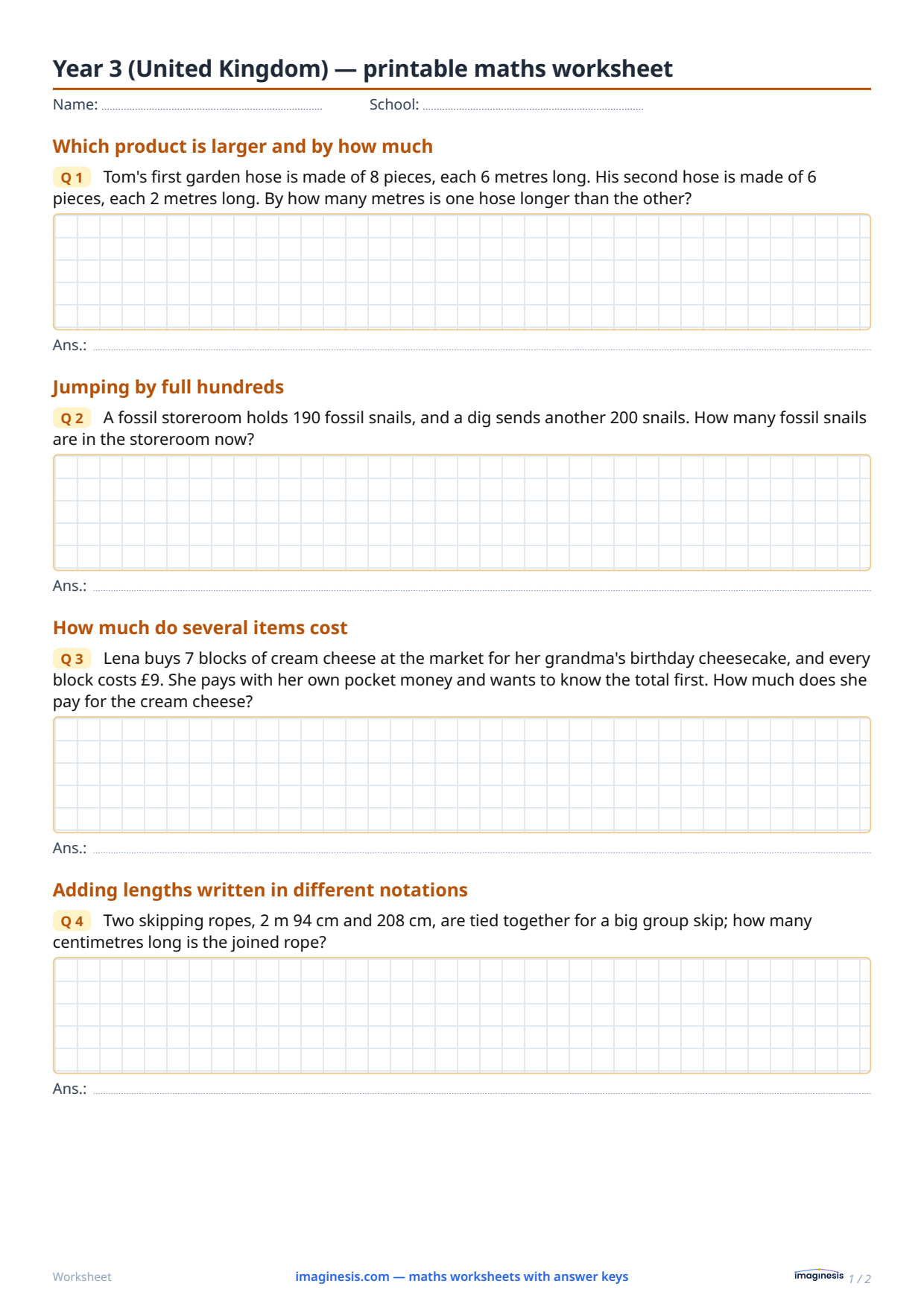 Year 3 (United Kingdom) — printable maths worksheet — Student sheet: printable math worksheet (Year 3, United Kingdom)