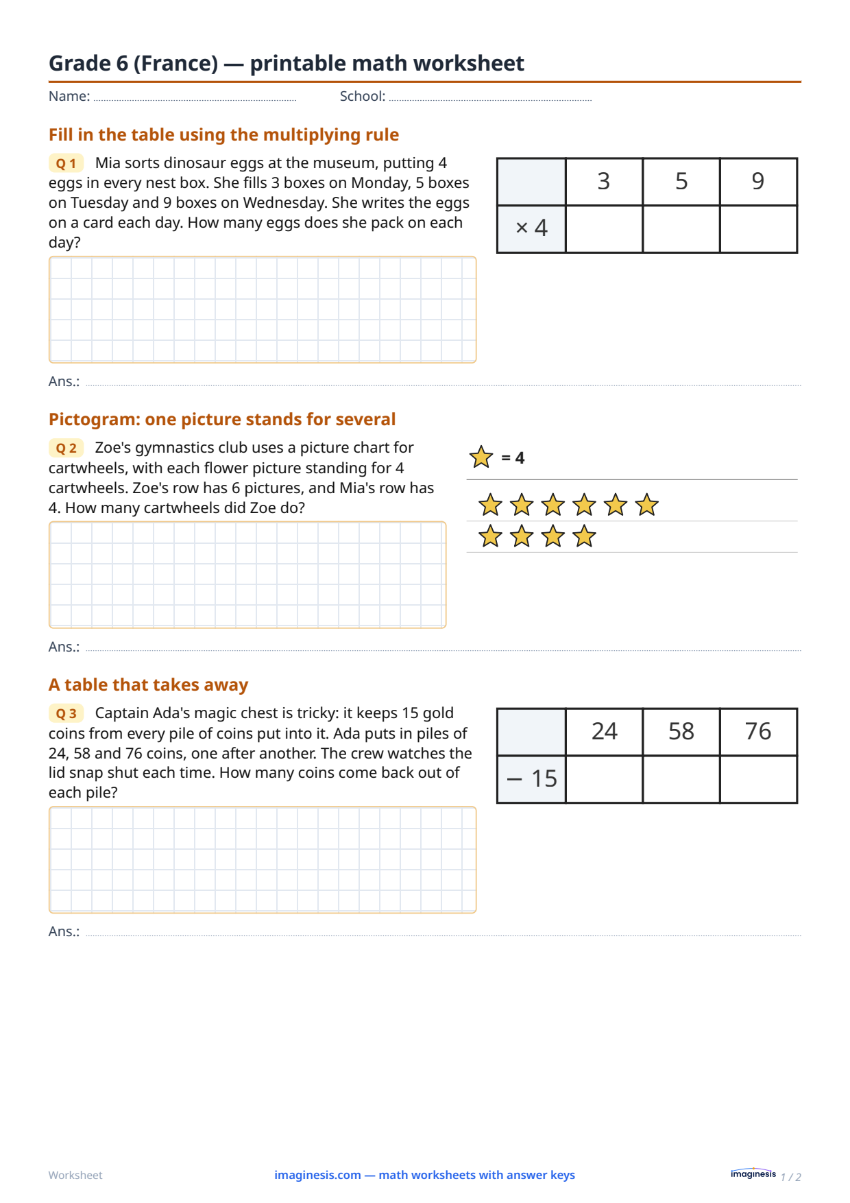Grade 6 (France) — printable math worksheet — Student sheet: printable math worksheet (Grade 6, France)