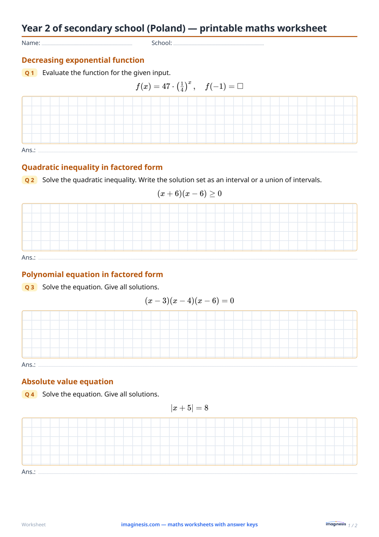 Year 2 of secondary school (Poland) — printable math worksheet — Student sheet: printable math worksheet (Year 2 of secondary school, Poland)