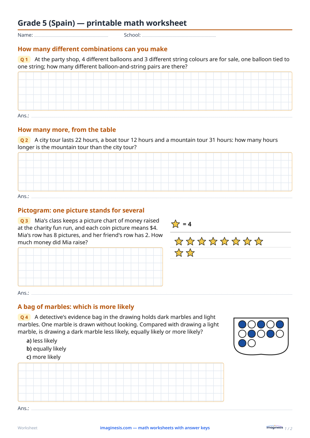 Grade 5 (Spain) — printable math worksheet — Student sheet: printable math worksheet (Grade 5, Spain)