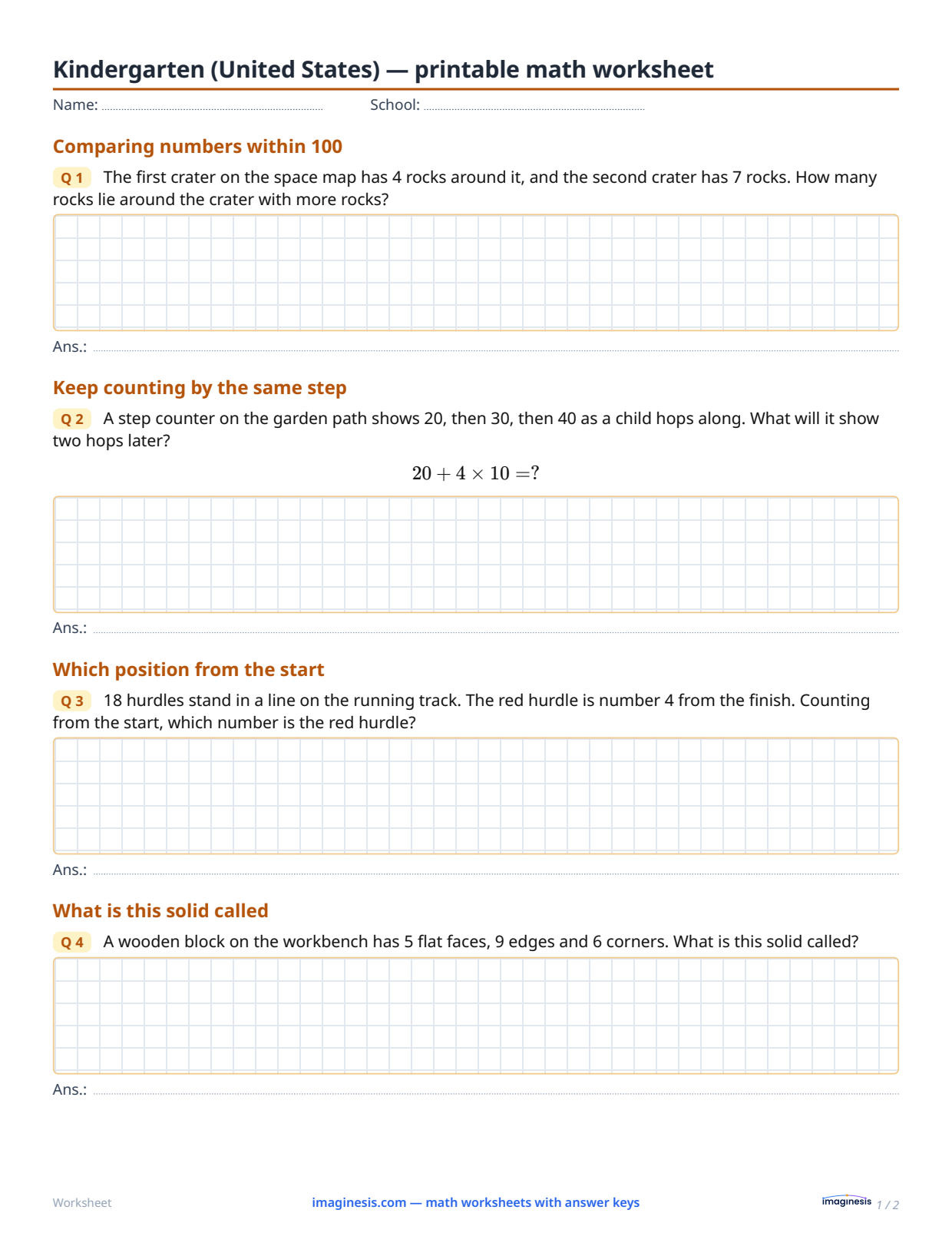 Kindergarten (United States) — printable math worksheet — Student sheet: printable math worksheet (Kindergarten, United States)