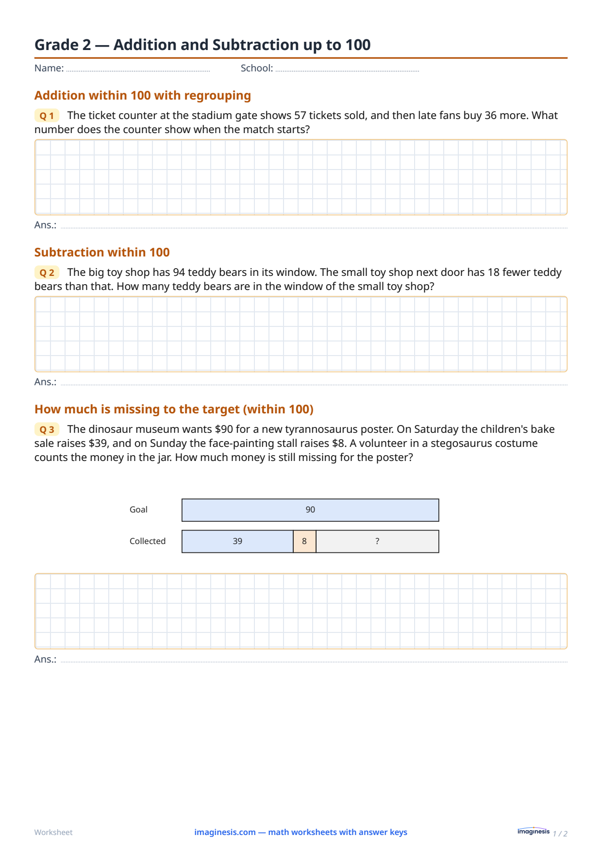 Grade 2 — Addition and Subtraction up to 100 — Student sheet: printable math worksheet (Grade 2, Germany)