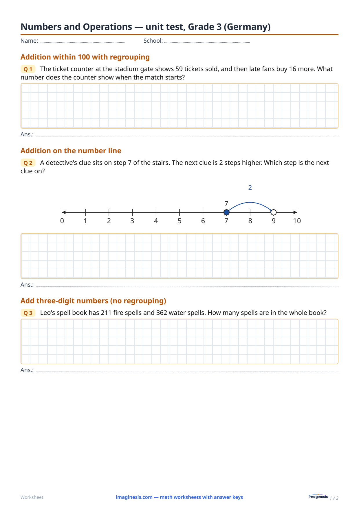 Numbers and Operations — unit test, Grade 3 (Germany) — Student sheet: printable math worksheet (Grade 3, Germany)