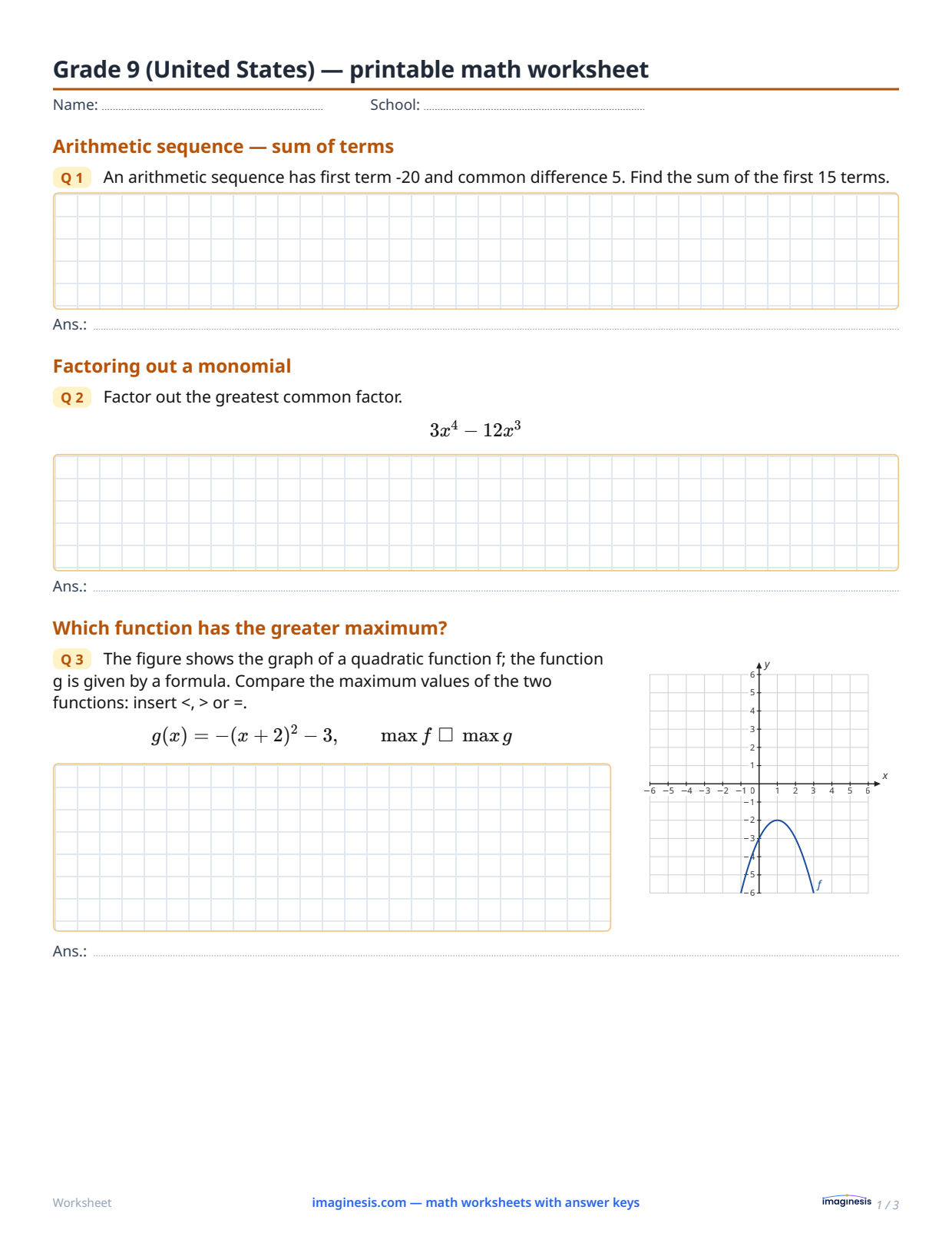 Grade 9 (United States) — printable math worksheet — Student sheet: printable math worksheet (Grade 9, United States)