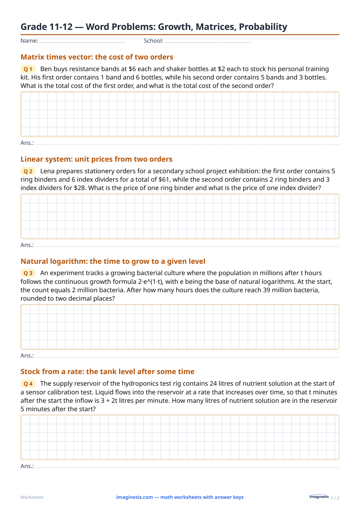 Grade 11-12 — Word Problems: Growth, Matrices, Probability — Student sheet: printable math worksheet (Grades 11–12, Germany)