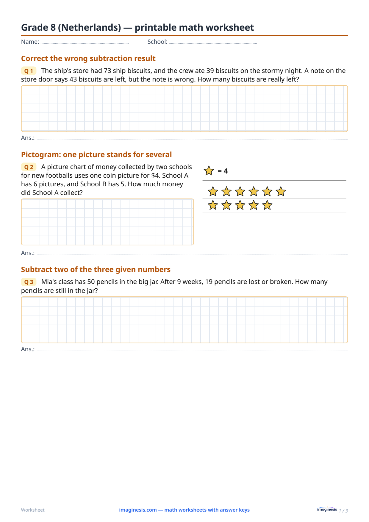 Grade 8 (Netherlands) — printable math worksheet — Student sheet: printable math worksheet (Grade 8, Netherlands)