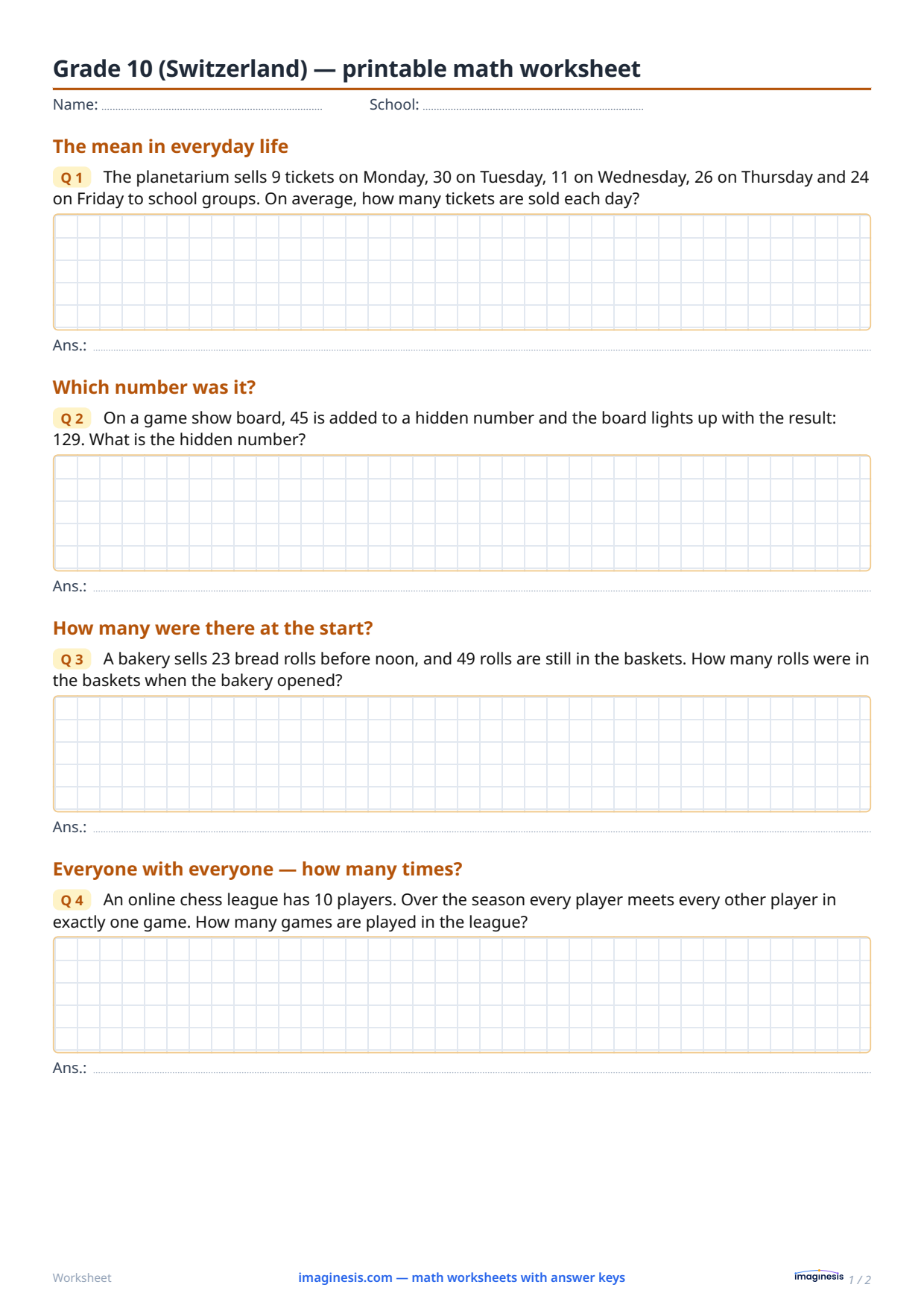 Grade 10 (Switzerland) — printable math worksheet — Student sheet: printable math worksheet (Grade 10, Switzerland)