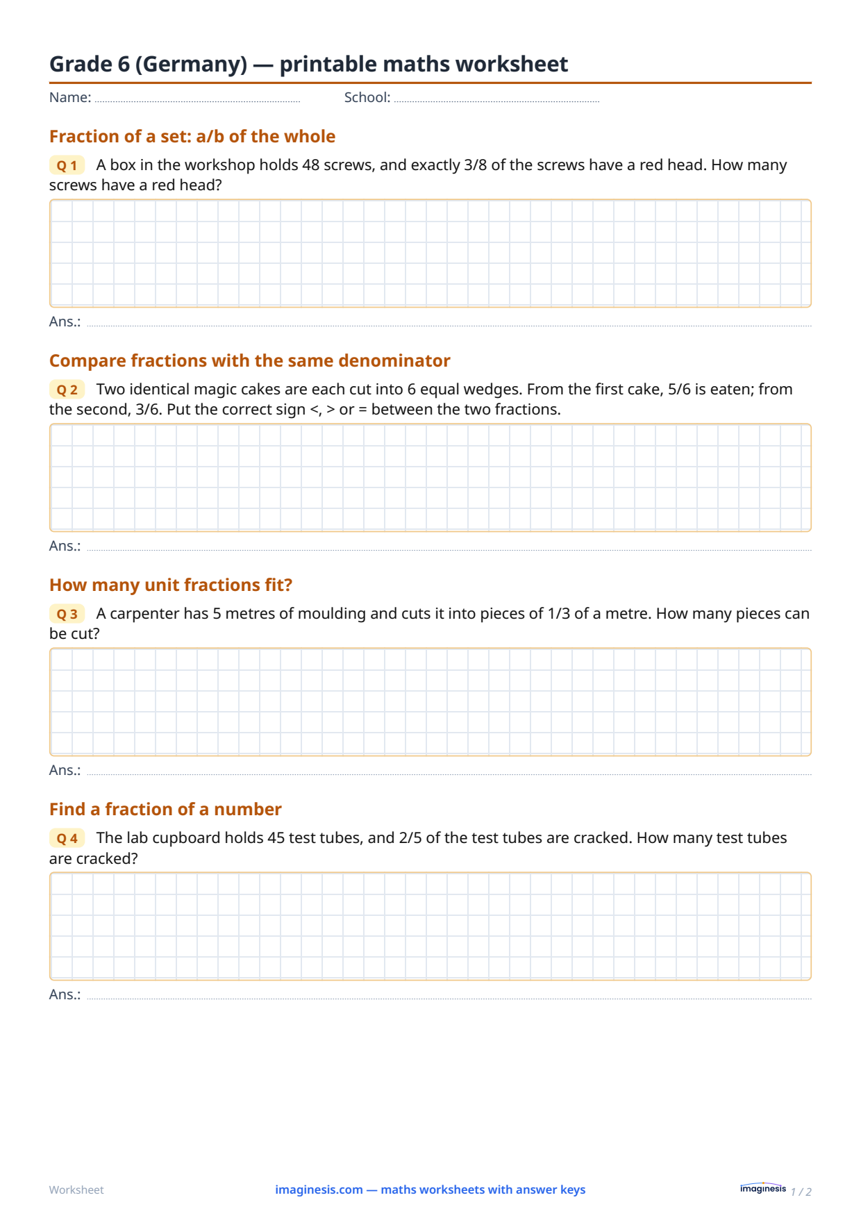 Grade 6 (Germany) — printable math worksheet — Student sheet: printable math worksheet (Grade 6, Germany)