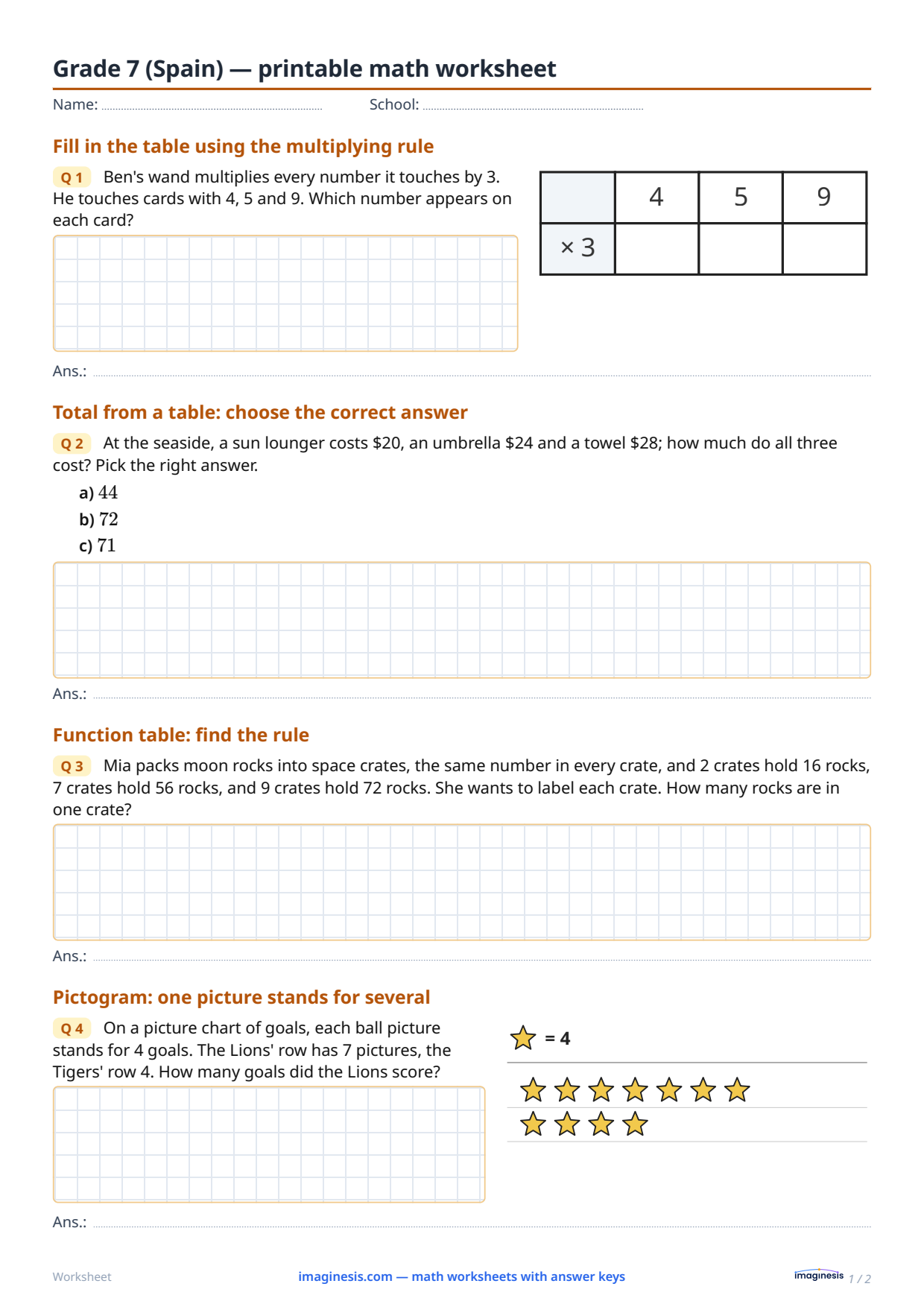 Grade 7 (Spain) — printable math worksheet — Student sheet: printable math worksheet (Grade 7, Spain)
