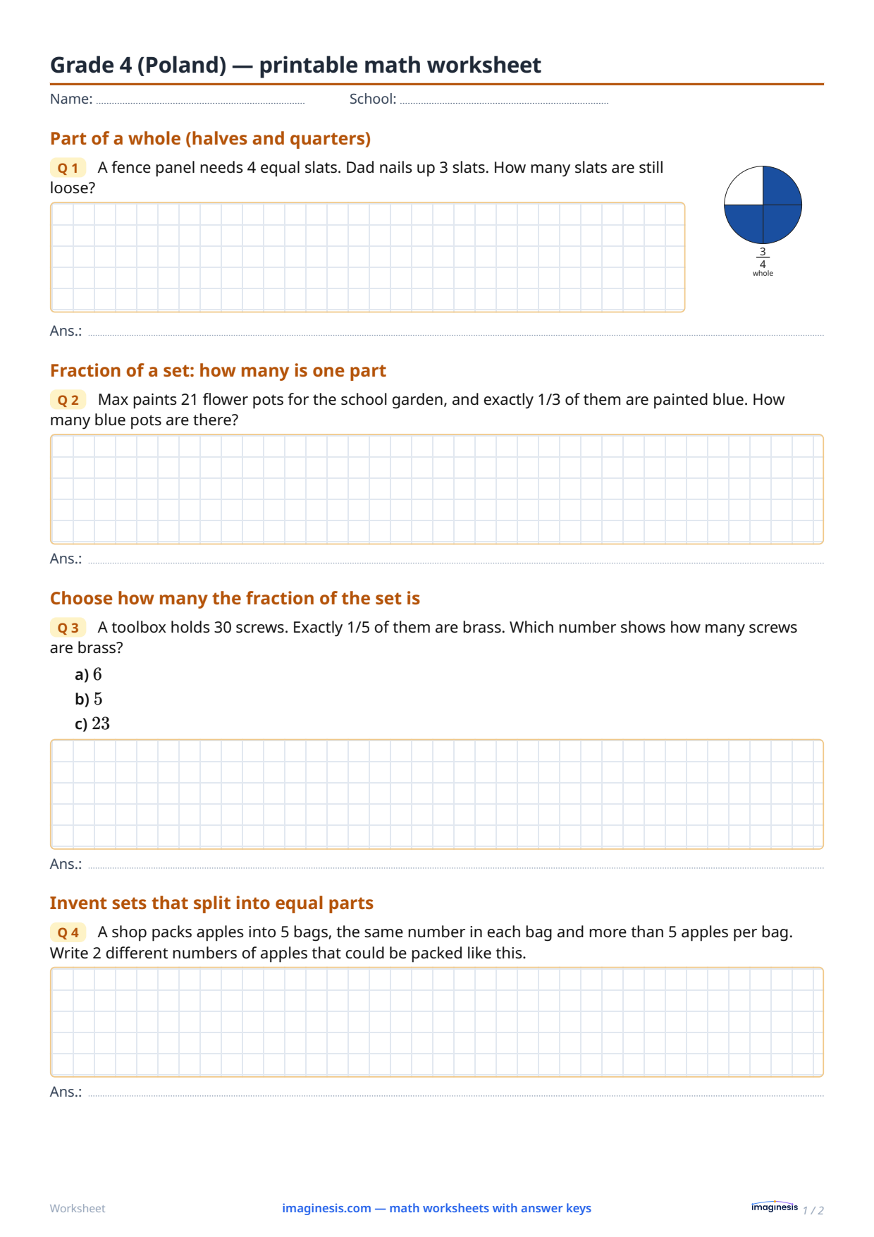 Grade 4 (Poland) — printable math worksheet — Student sheet: printable math worksheet (Grade 4, Poland)