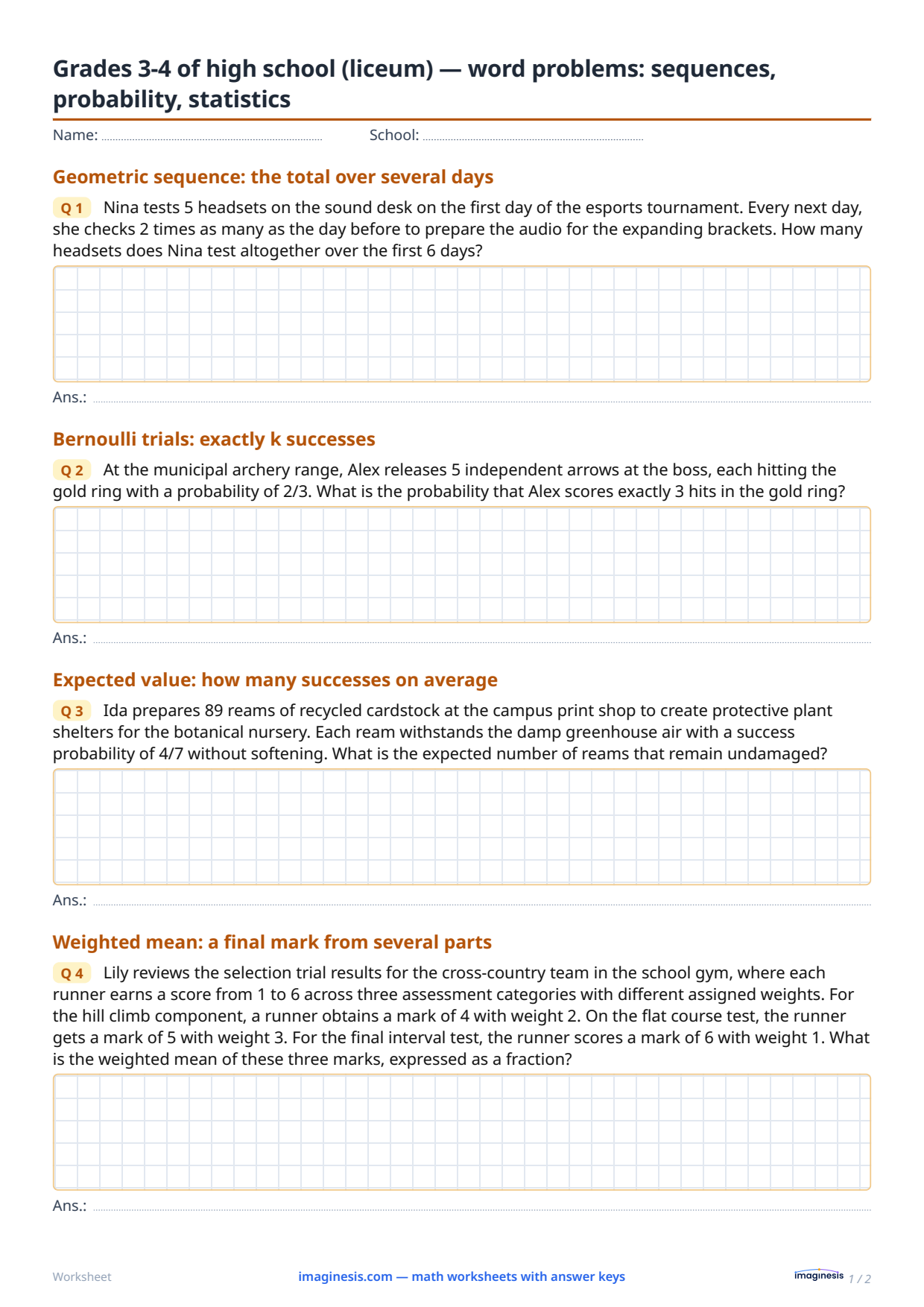 Grades 3-4 of high school (liceum) — word problems: sequences, probability, statistics — Student sheet: printable math worksheet (Grades 11–12, Poland)