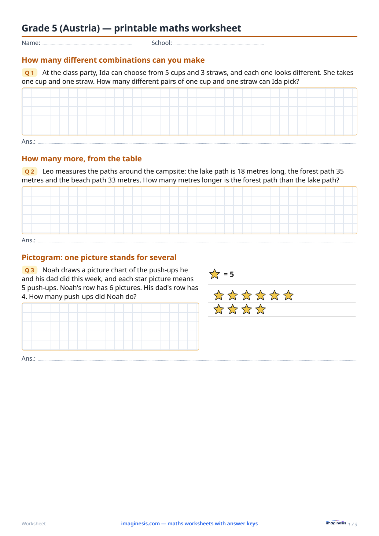 Grade 5 (Austria) — printable math worksheet — Student sheet: printable math worksheet (Grade 5, Austria)